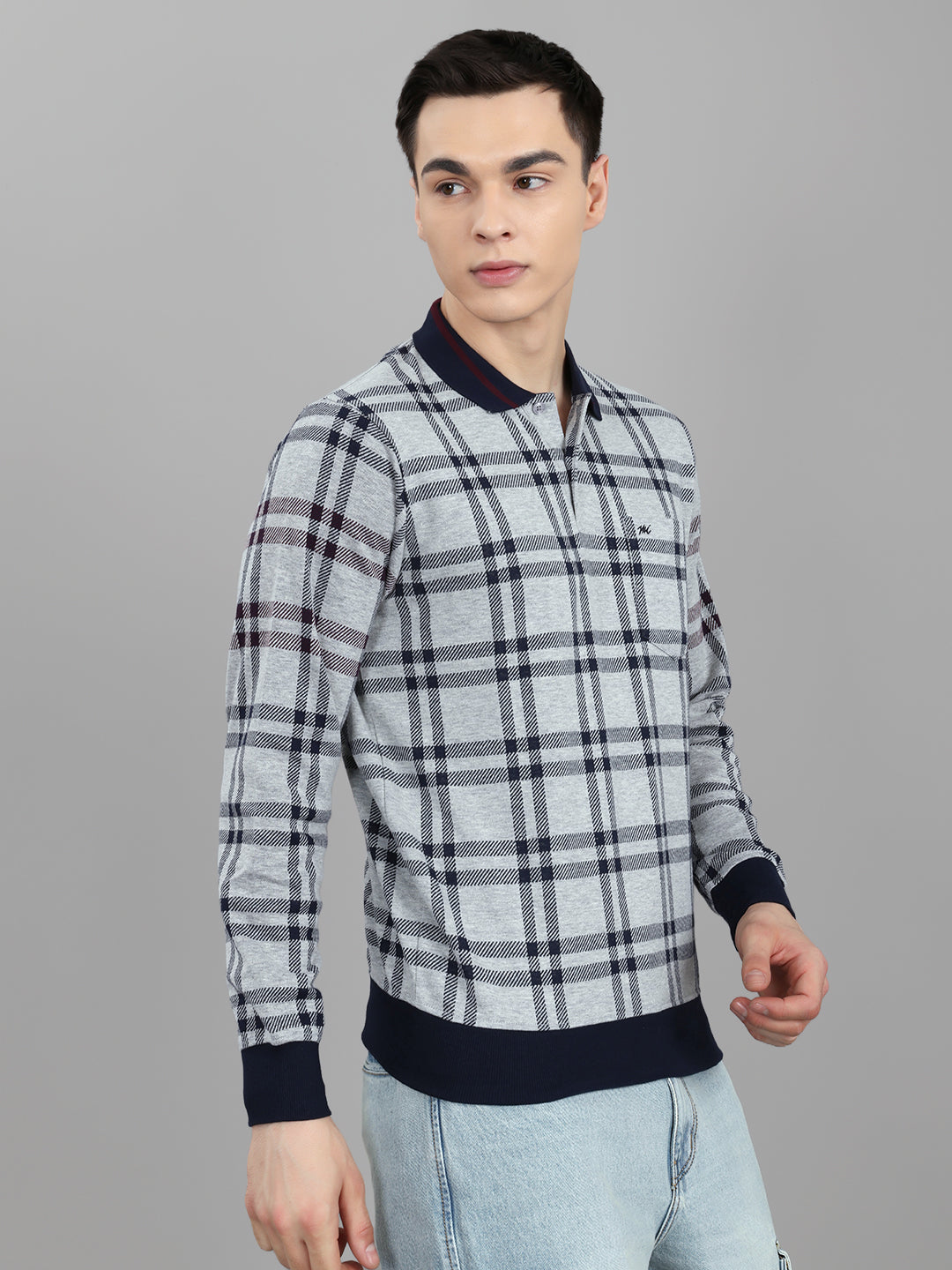 Men Grey Stripe Collar Full Sleeve Winter T-Shirt
