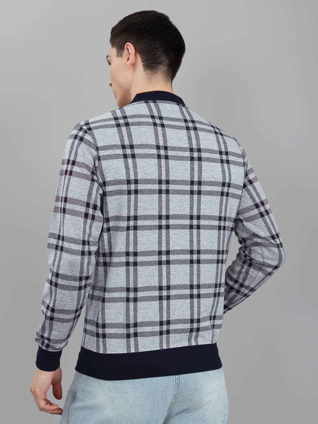 Men Grey Stripe Collar Full Sleeve Winter T-Shirt