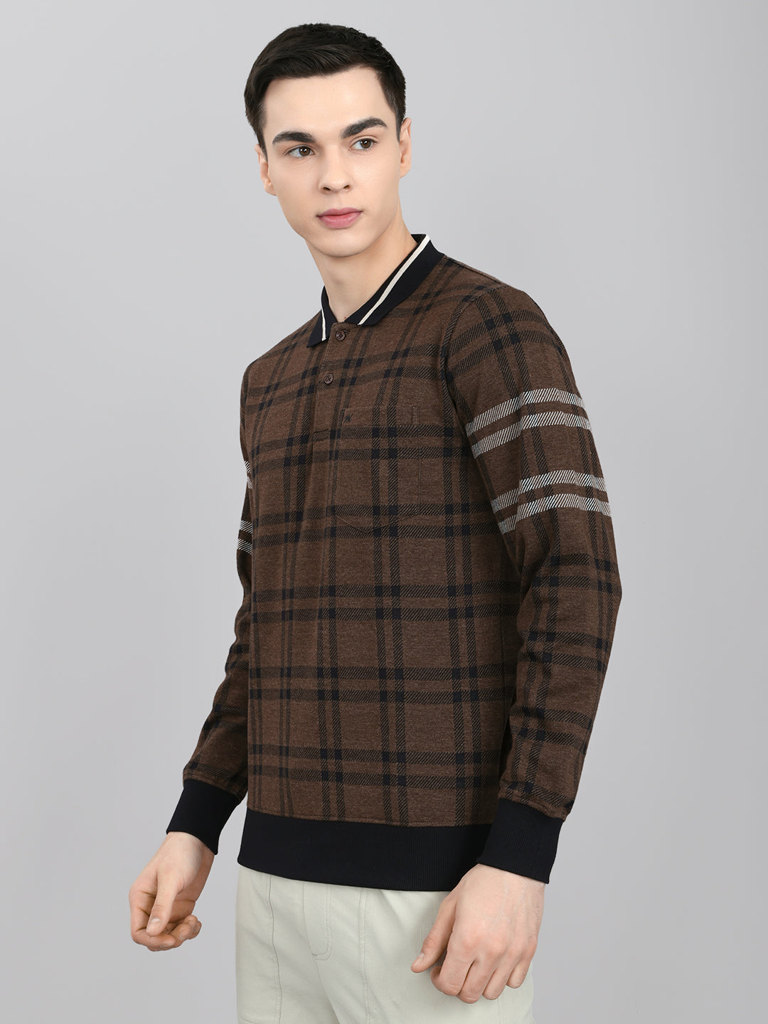 Men Brown Stripe Collar Full Sleeve Winter T-Shirt