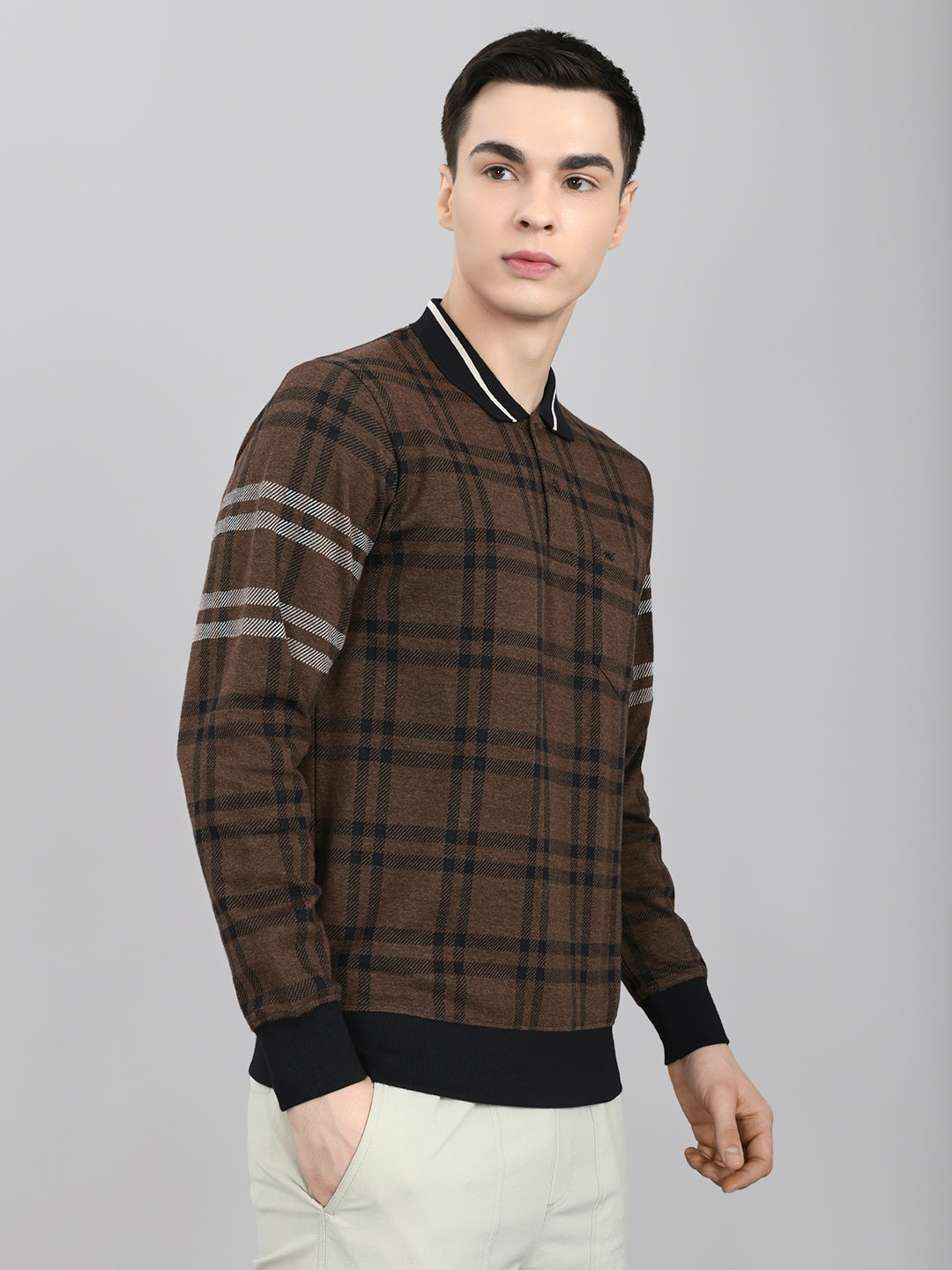 Men Brown Stripe Collar Full Sleeve Winter T-Shirt