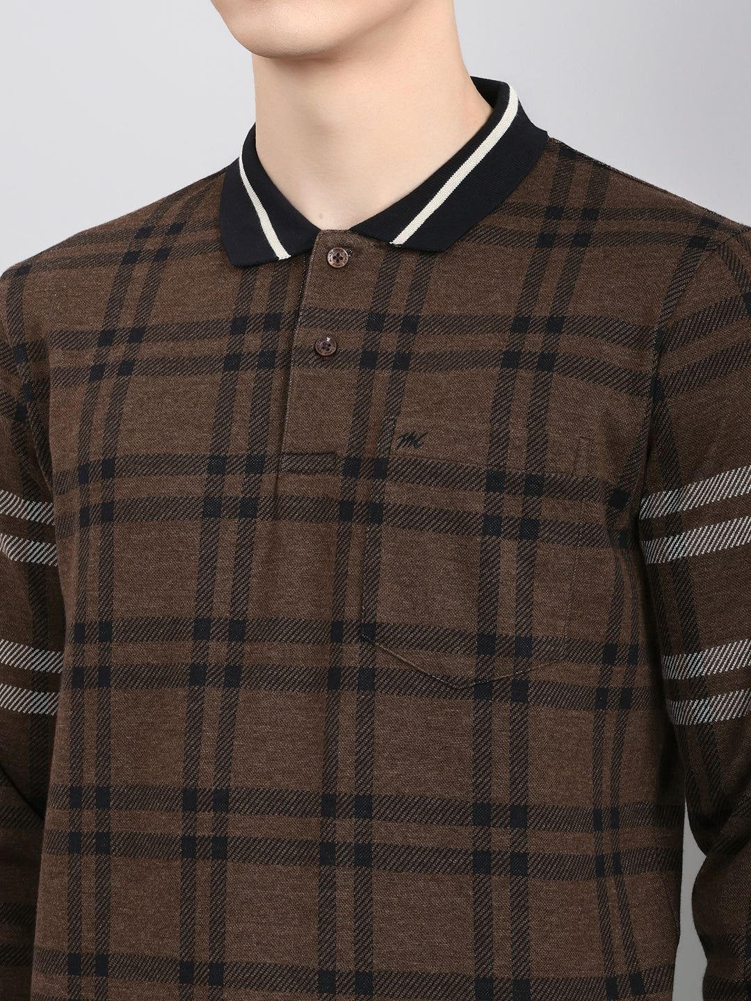 Men Brown Stripe Collar Full Sleeve Winter T-Shirt