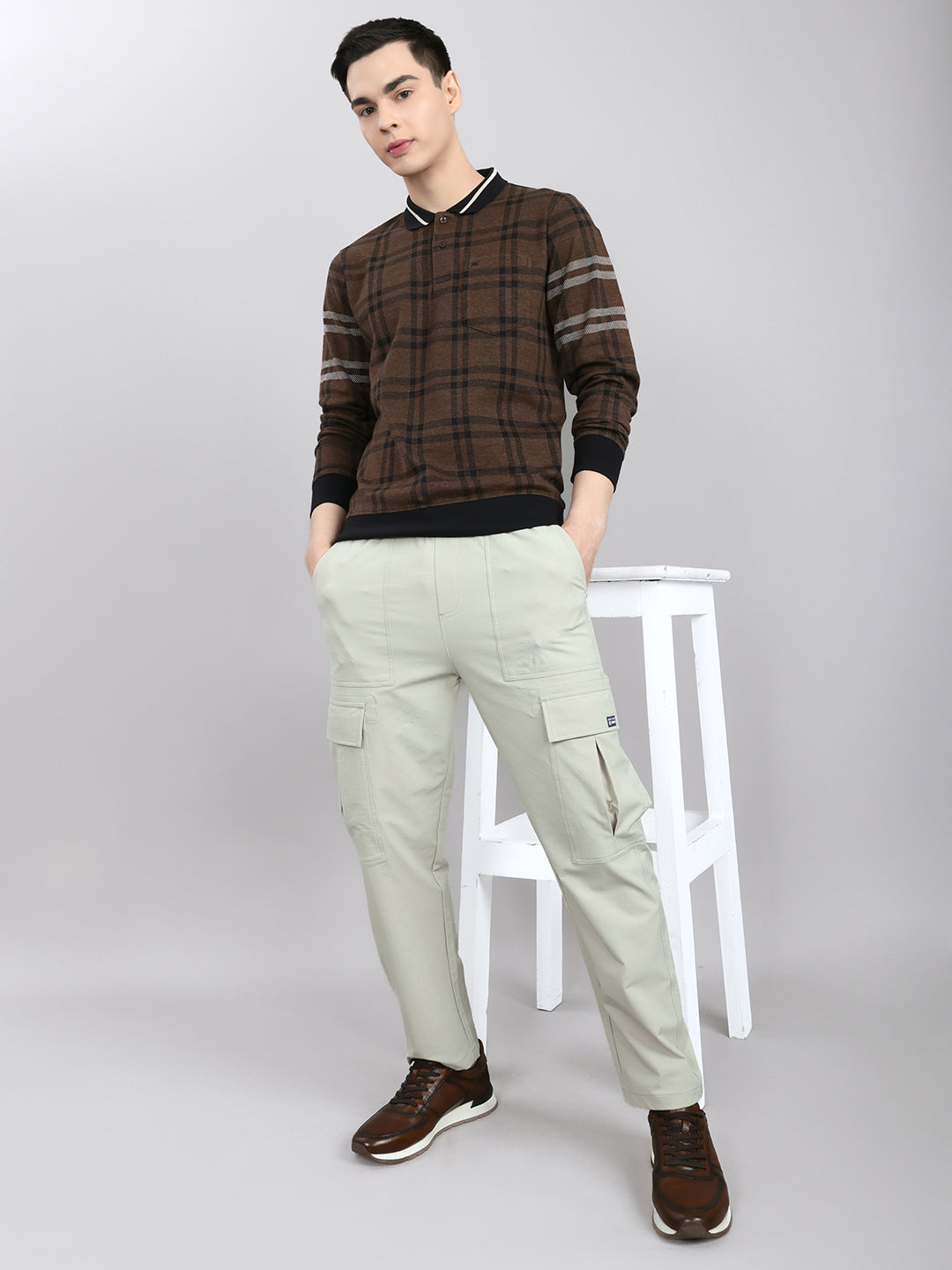 Men Brown Stripe Collar Full Sleeve Winter T-Shirt