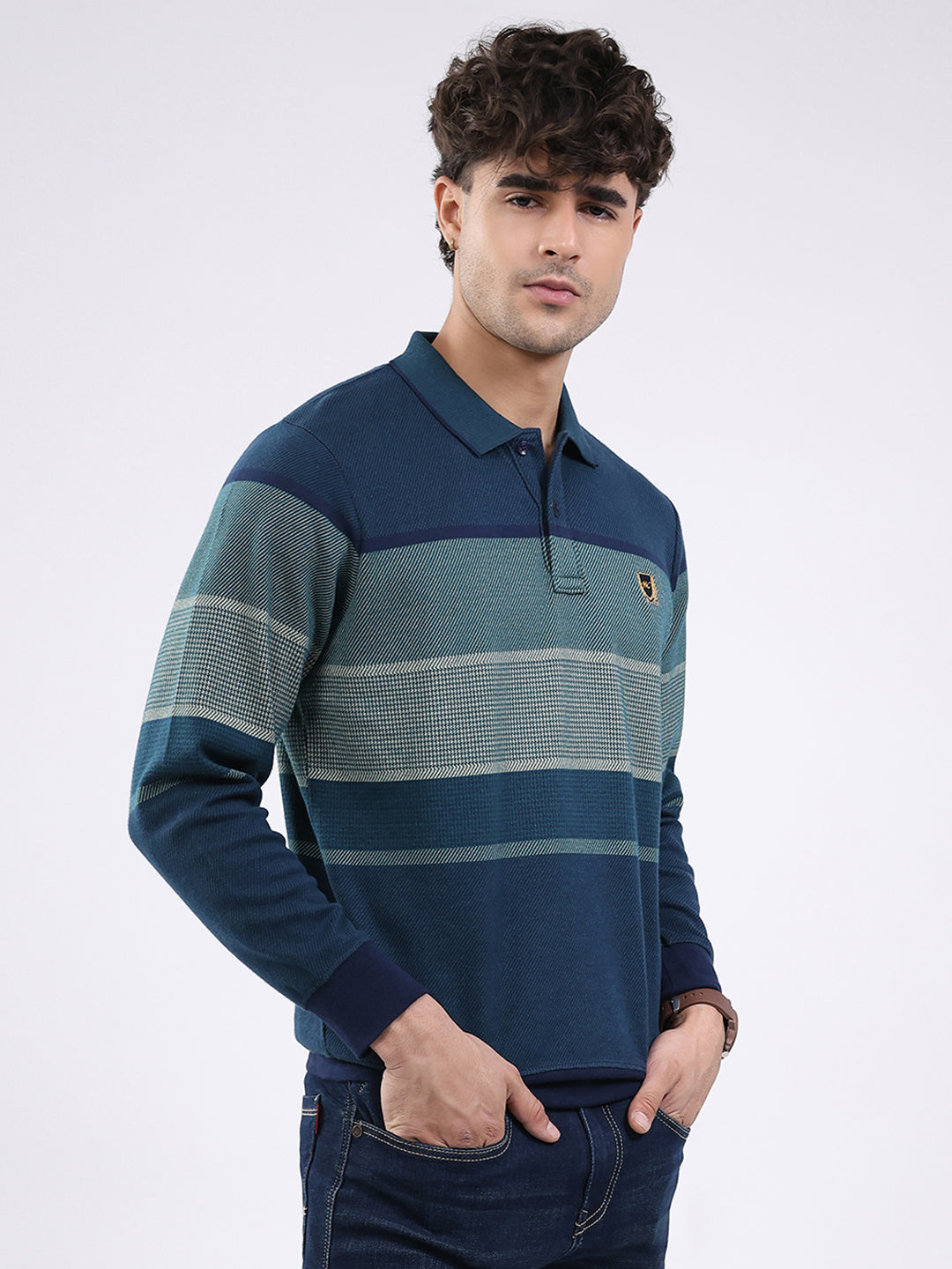 Men Green Solid Collar Full Sleeve Winter T-Shirt