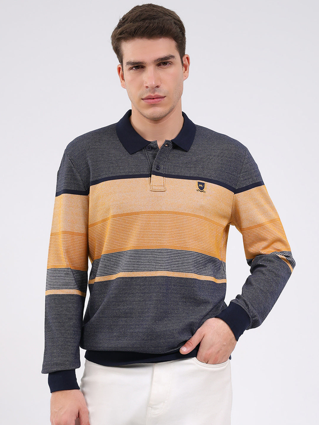 Men Mustard Stripe Collar Full Sleeve Winter T-Shirt