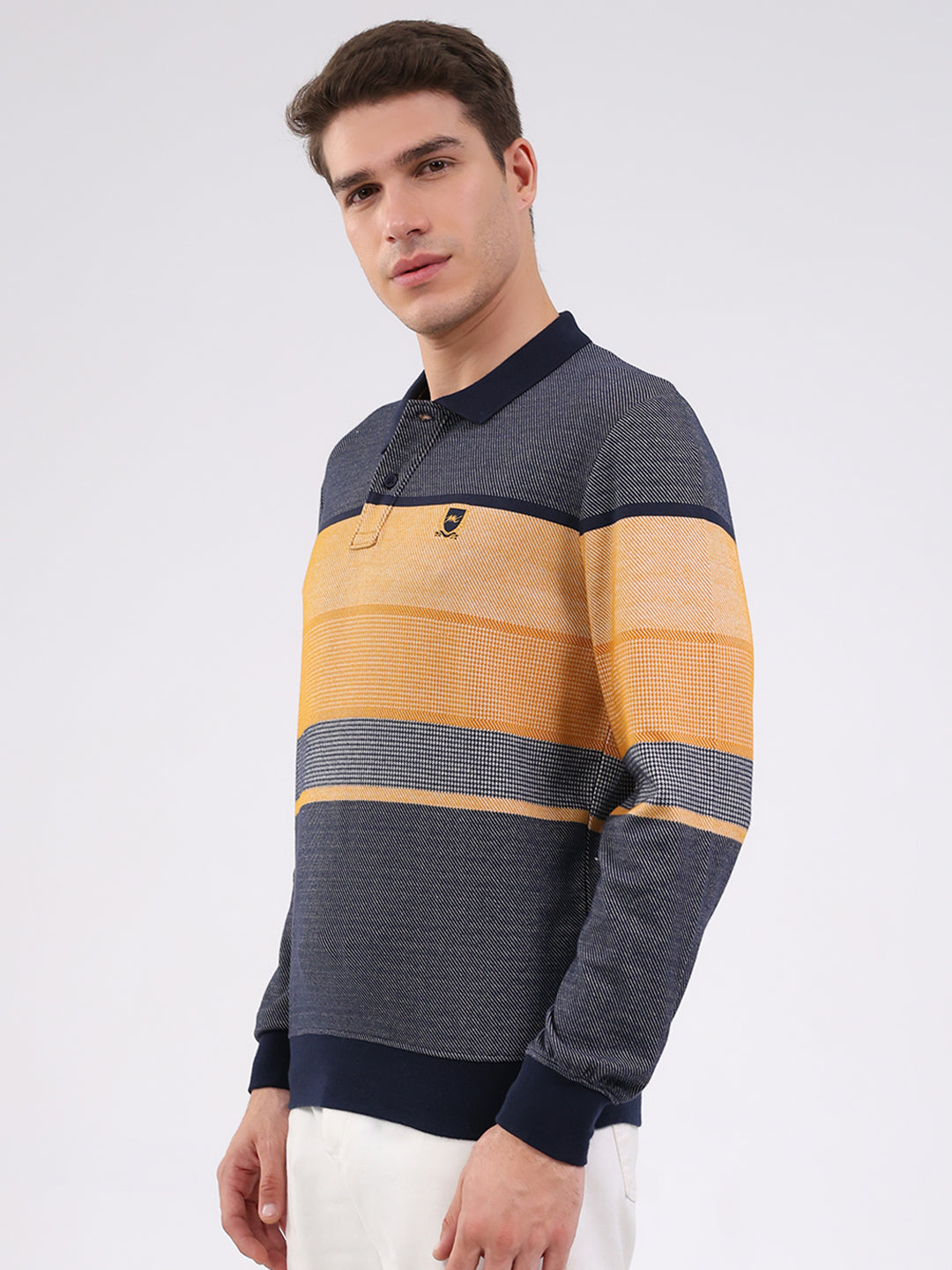 Men Mustard Stripe Collar Full Sleeve Winter T-Shirt