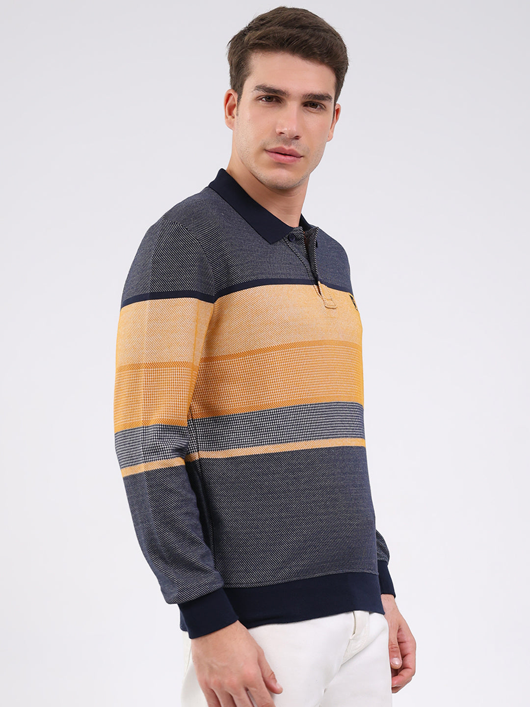 Men Mustard Stripe Collar Full Sleeve Winter T-Shirt