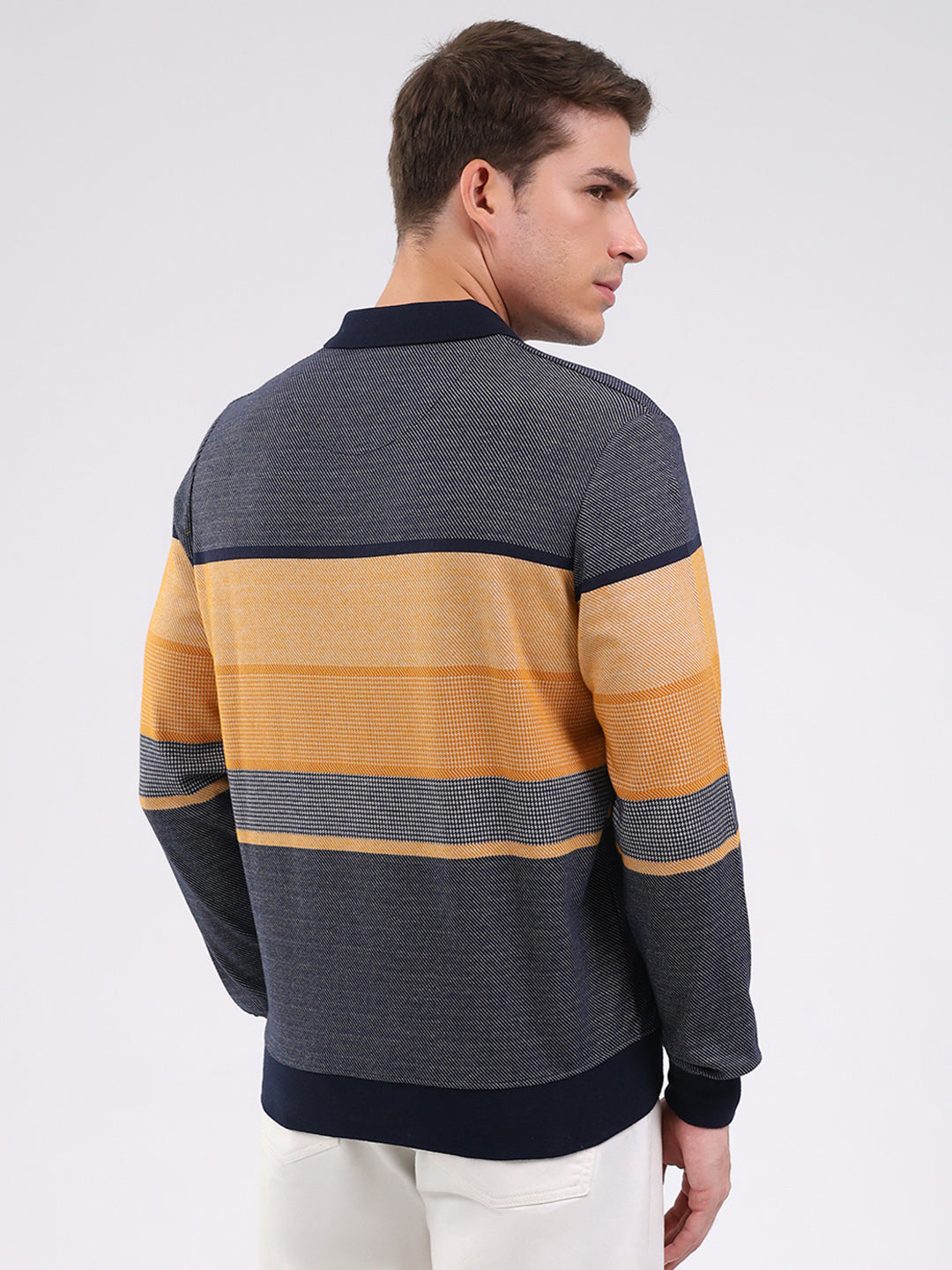 Men Mustard Stripe Collar Full Sleeve Winter T-Shirt