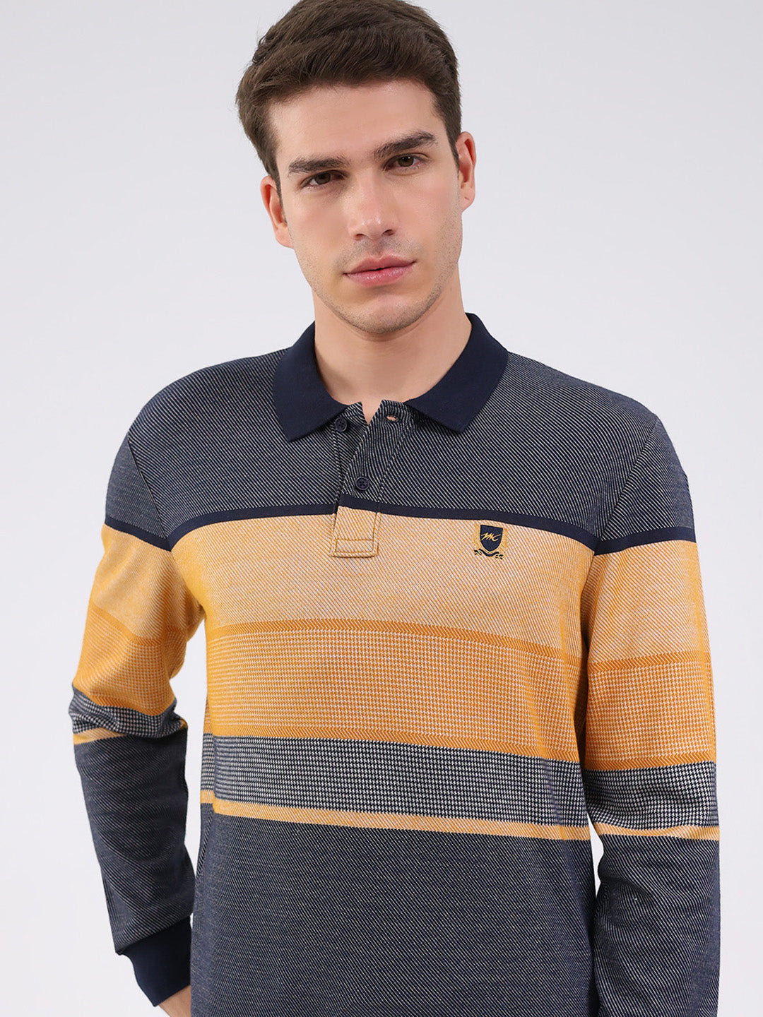 Men Mustard Stripe Collar Full Sleeve Winter T-Shirt
