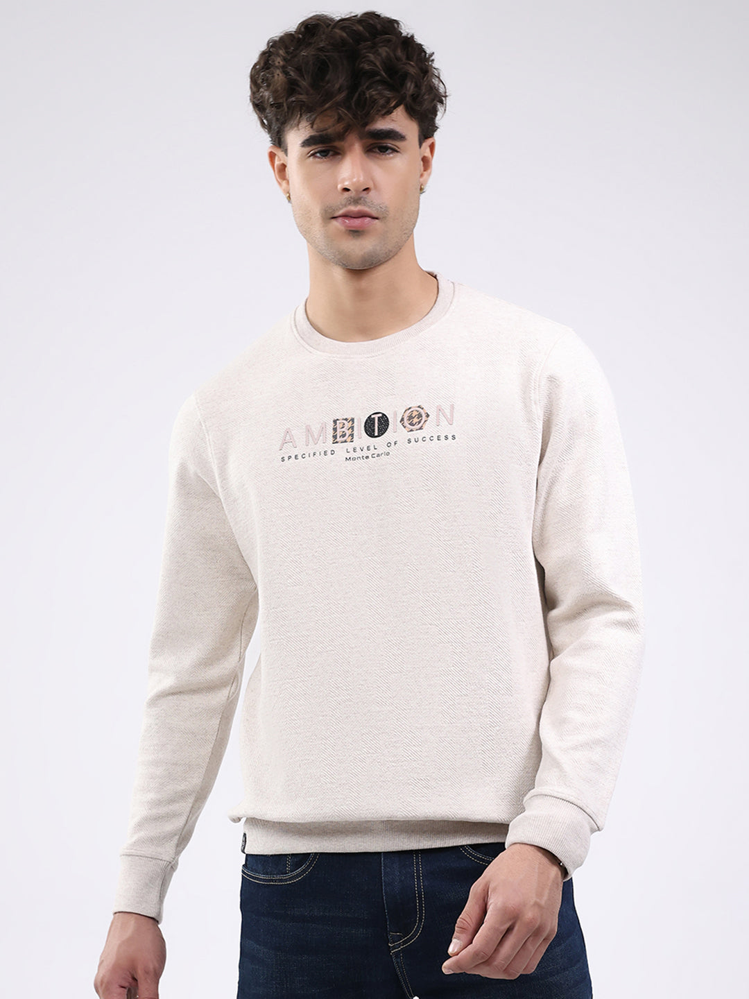 Men Cream Solid Round Neck Full Sleeve Winter T-Shirt