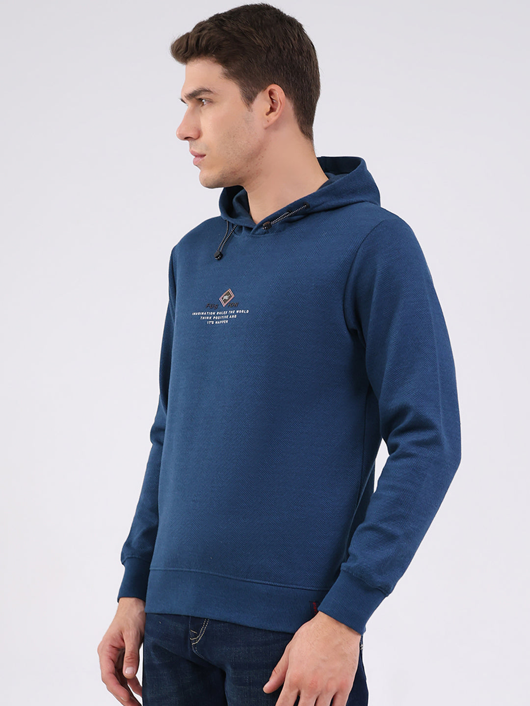 Men Blue Printed Hooded Full Sleeve Winter T-Shirt
