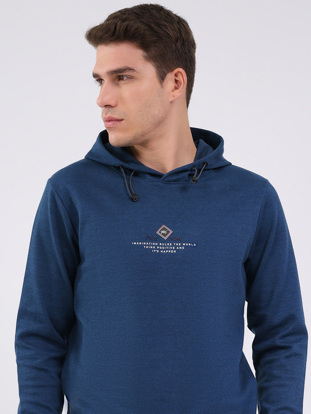 Men Blue Printed Hooded Full Sleeve Winter T-Shirt