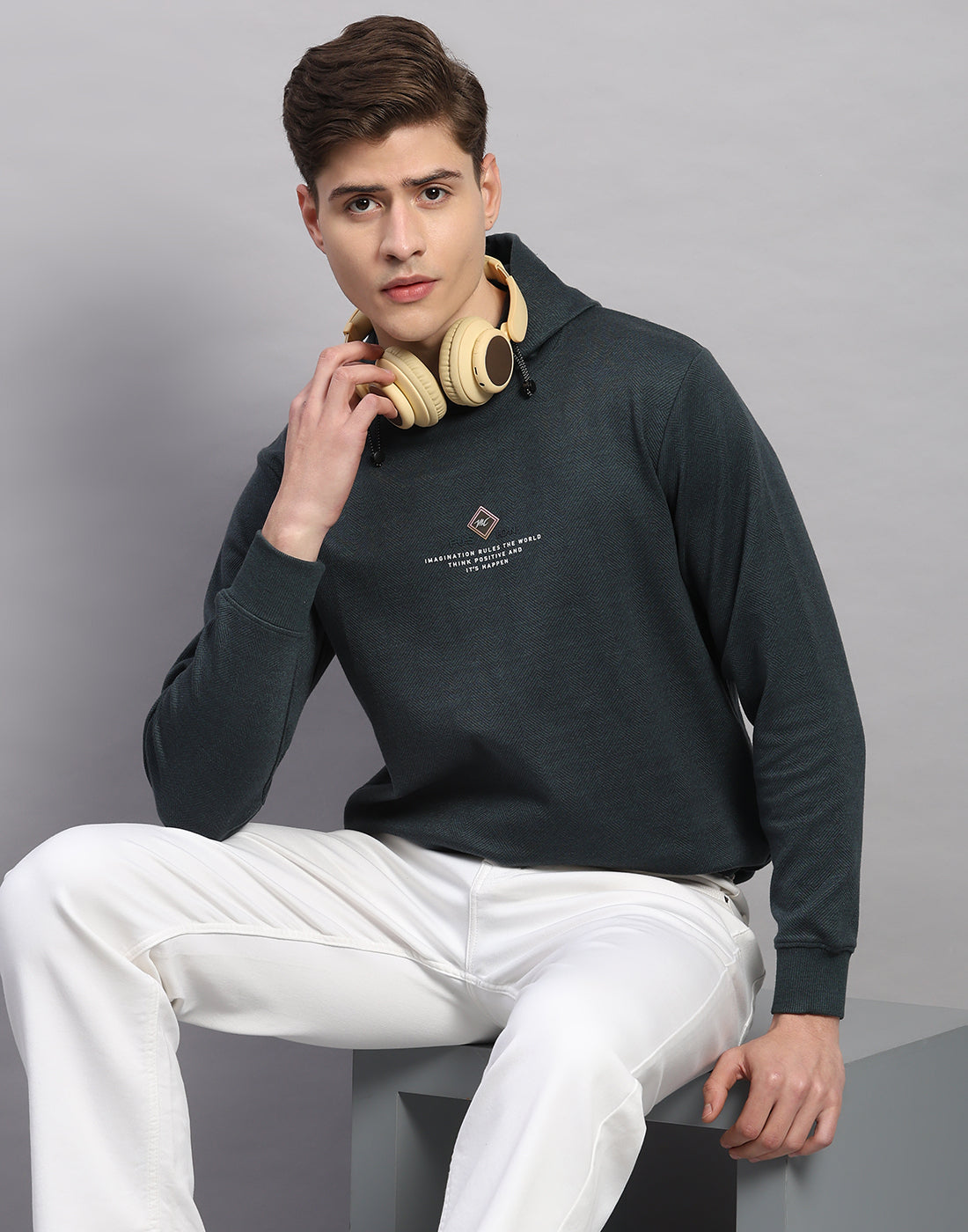 Men Green Printed Round Neck Full Sleeve Winter T-Shirt