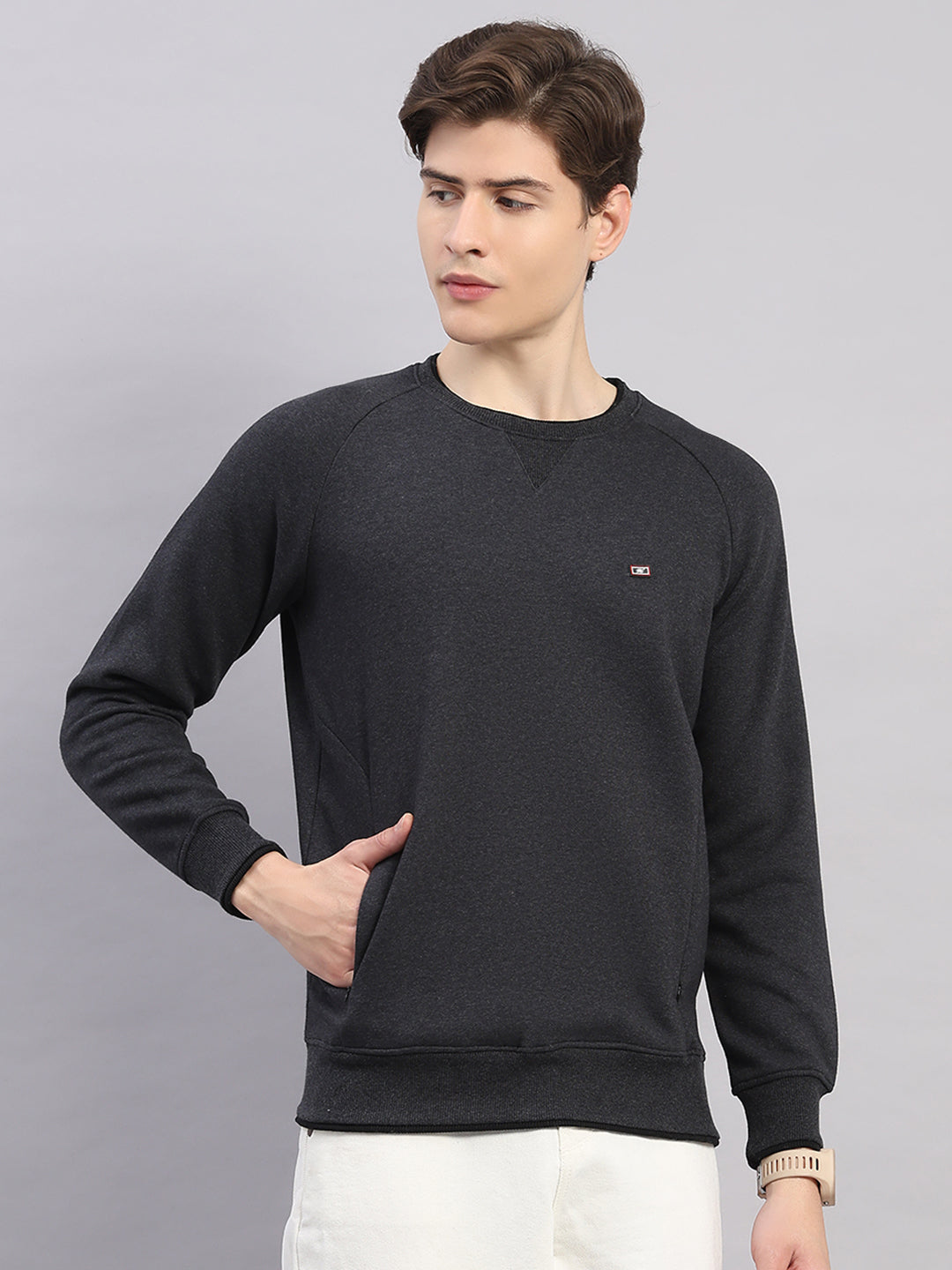Men Grey Solid Round Neck Full Sleeve Sweatshirt