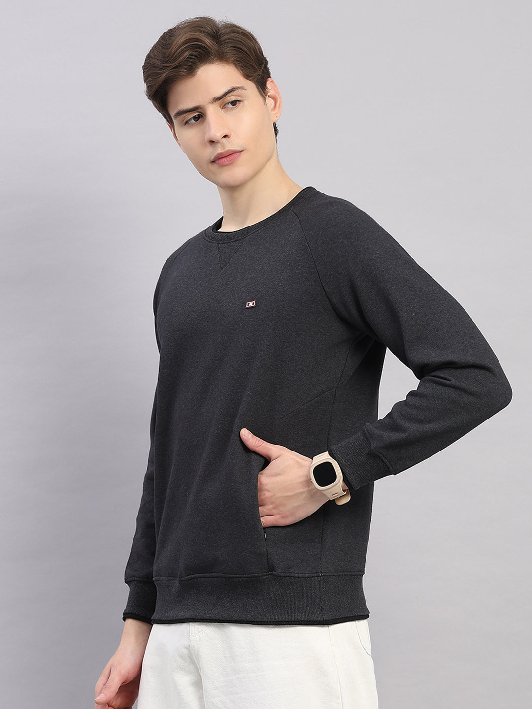 Men Grey Solid Round Neck Full Sleeve Sweatshirt