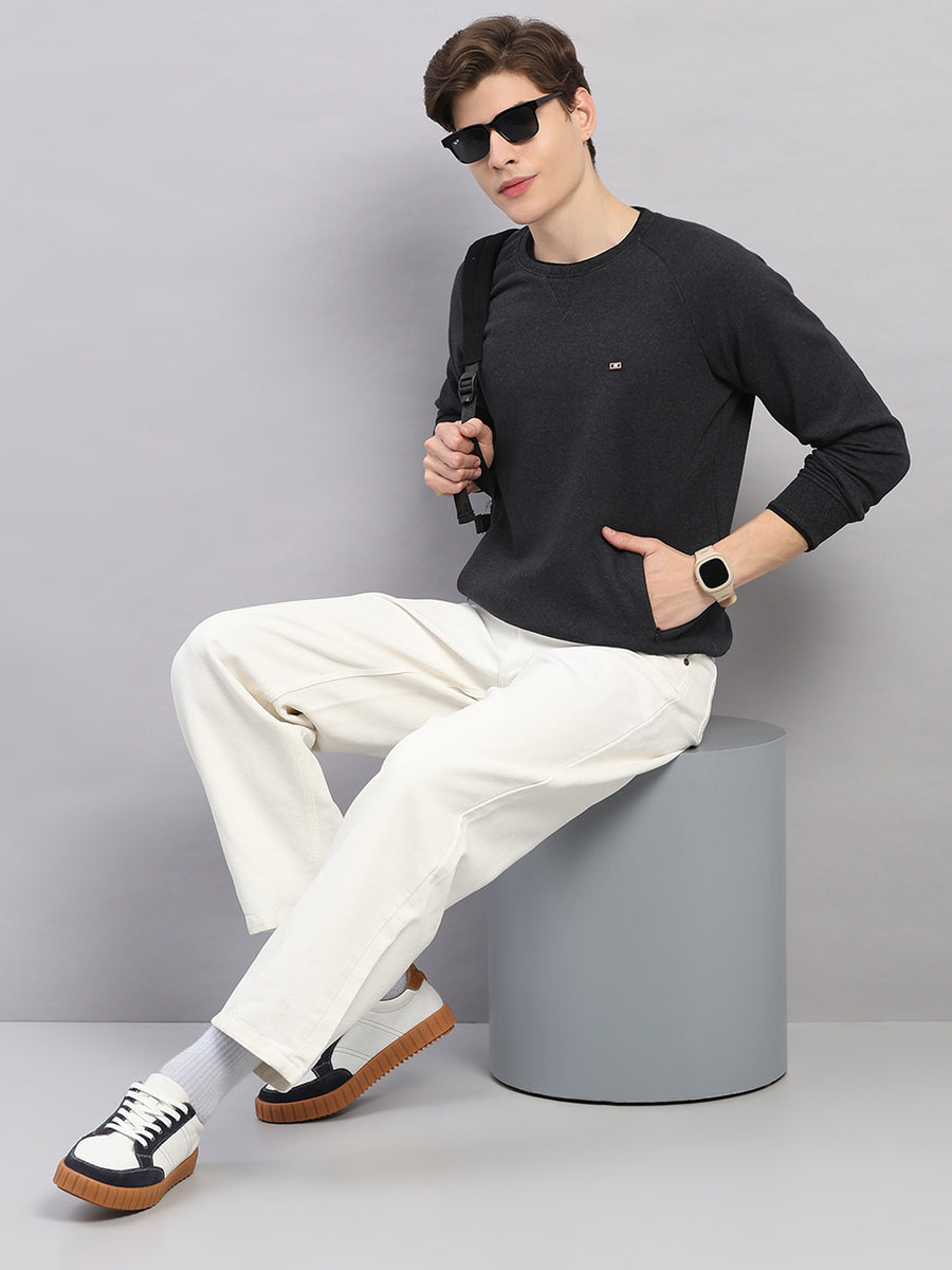 Men's Distressed Grey Round Neck Ribbed Regular Fit Sweatshirt
