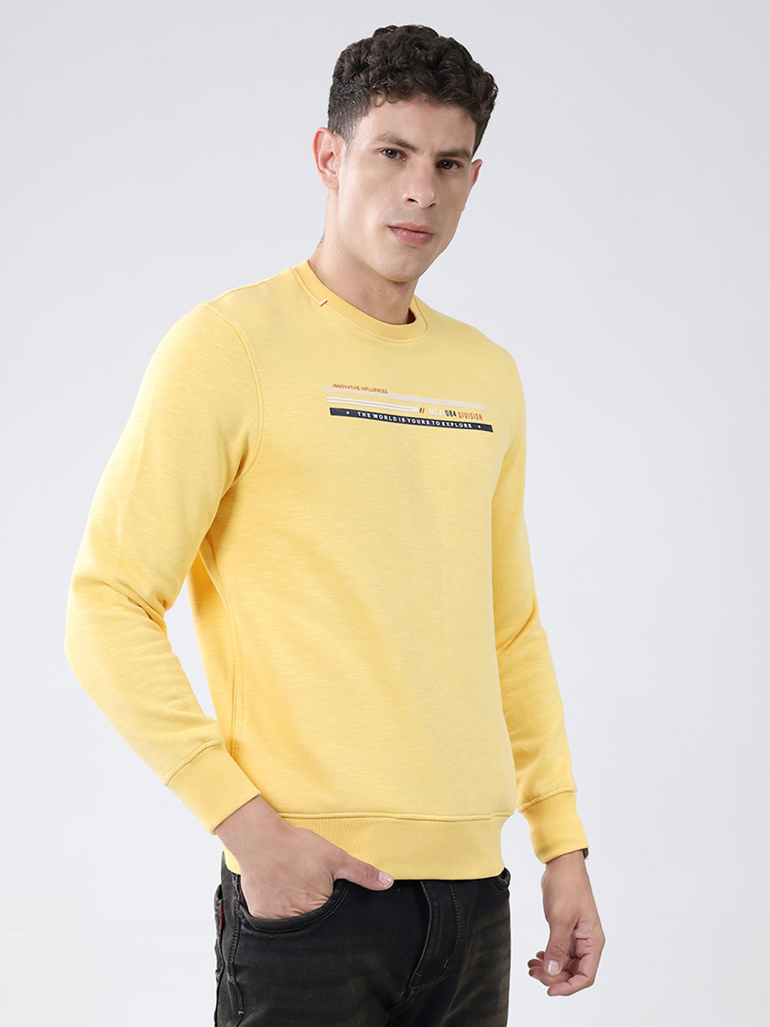 Men Yellow Solid Round Neck Full Sleeve Sweatshirt