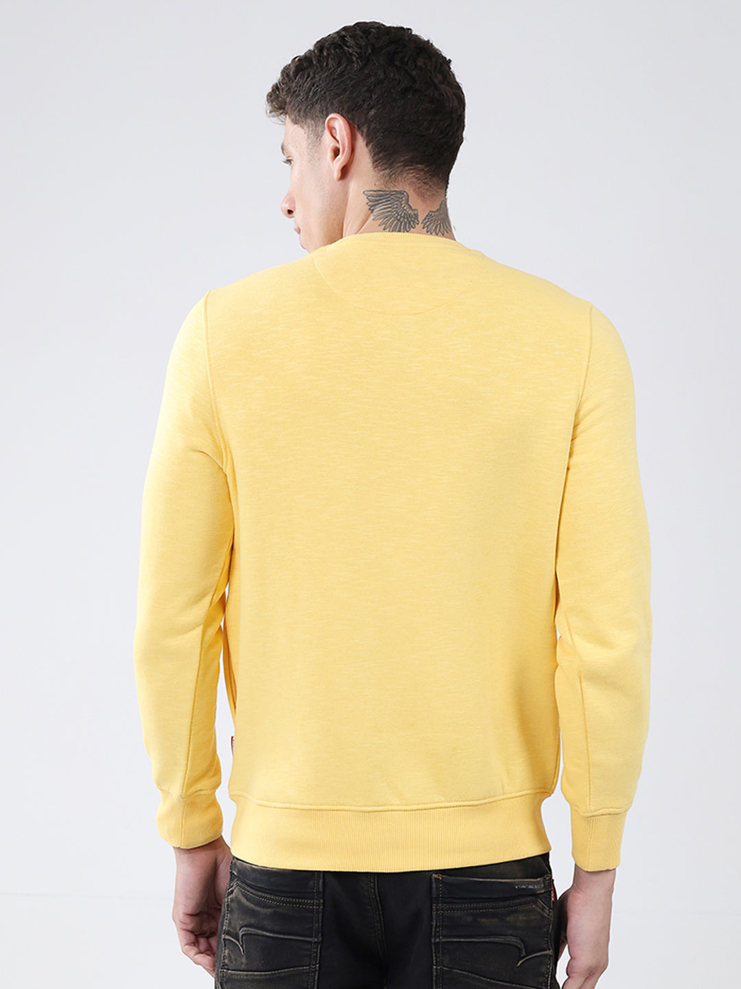 Men Yellow Solid Round Neck Full Sleeve Sweatshirt