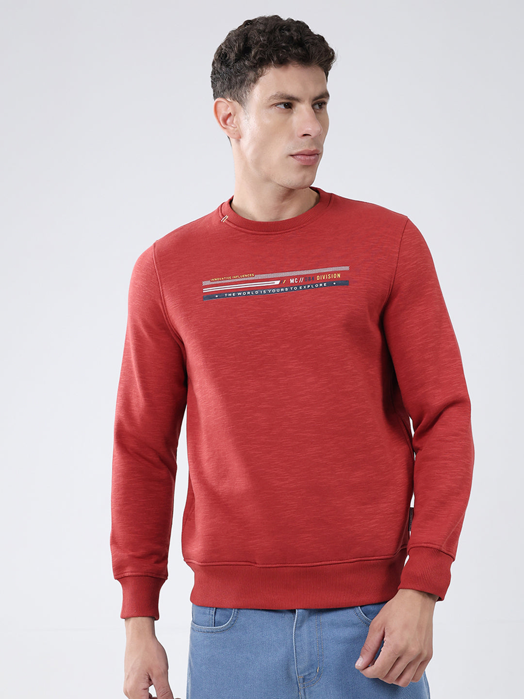 Men Rust Solid Round Neck Full Sleeve Sweatshirt