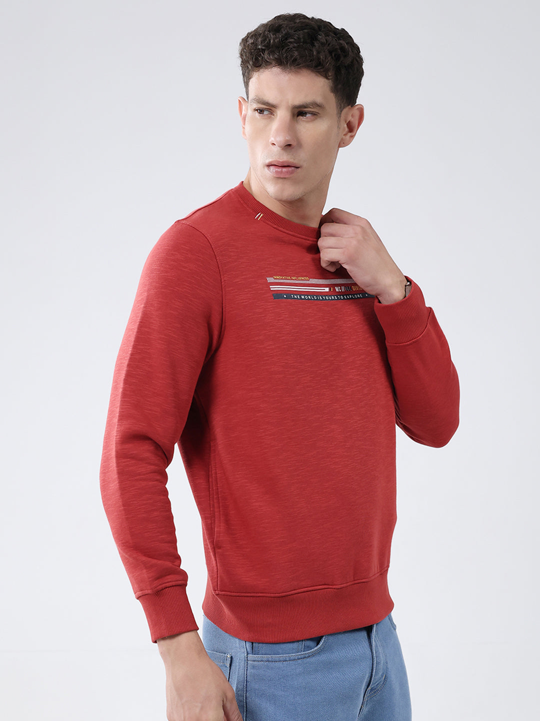 Men Rust Solid Round Neck Full Sleeve Sweatshirt