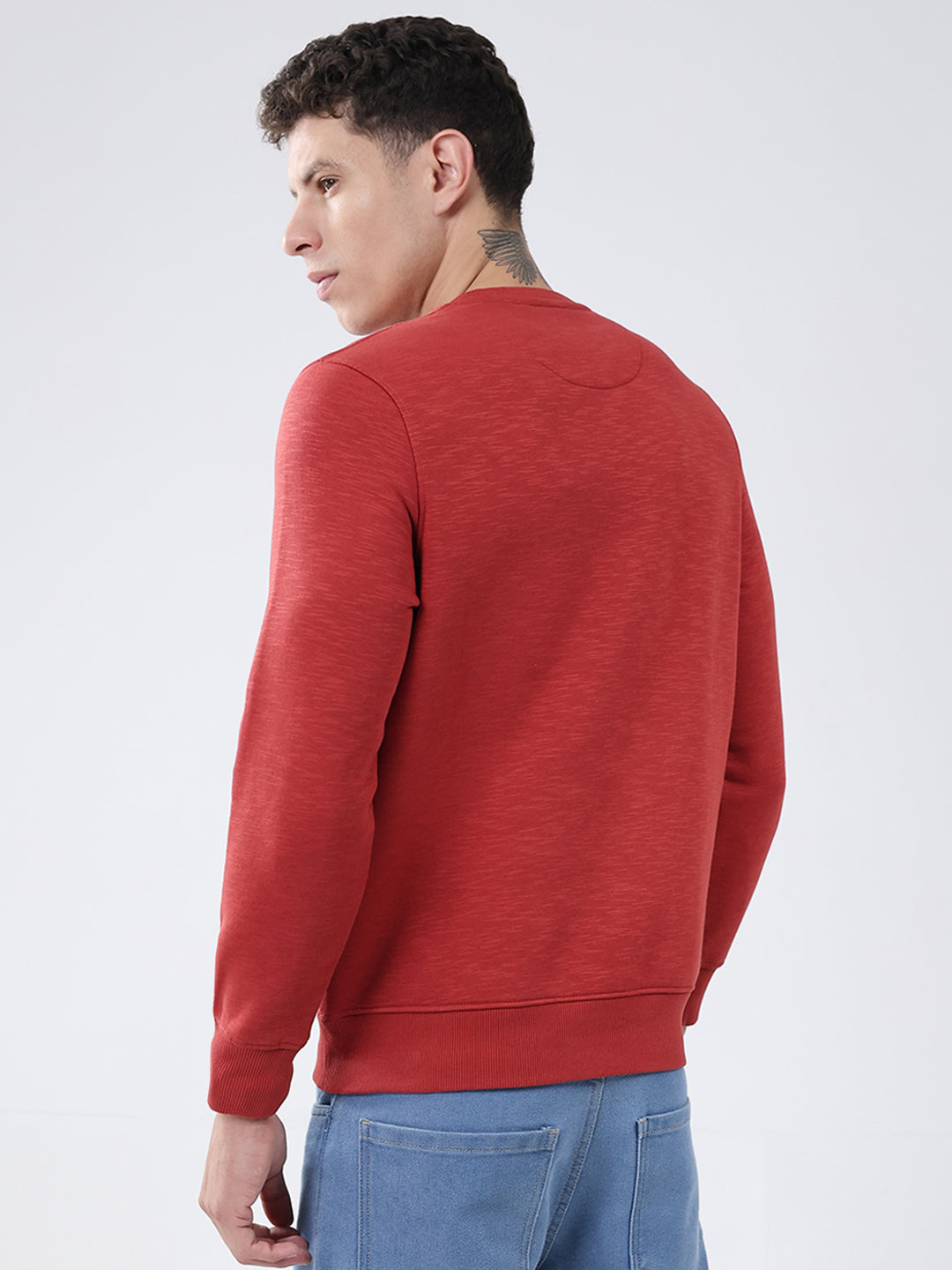 Men Rust Solid Round Neck Full Sleeve Sweatshirt