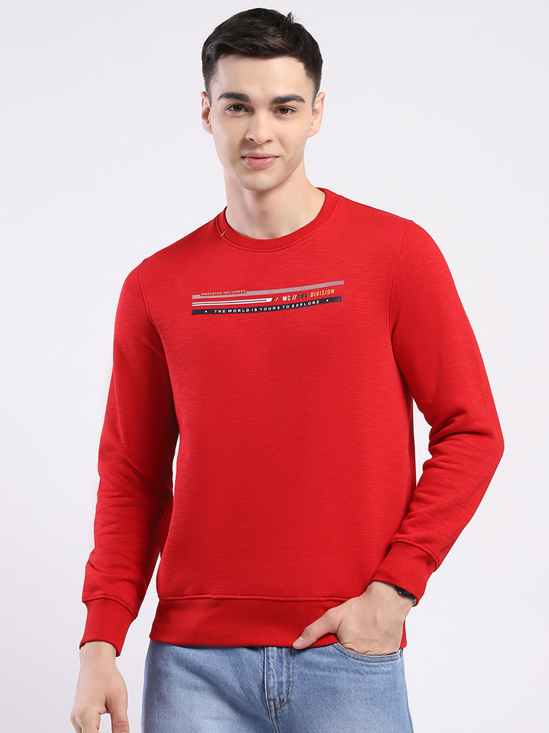 Men Red Solid Round Neck Full Sleeve Sweatshirt