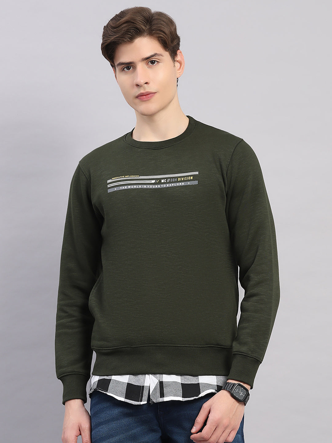Men Olive Printed Round Neck Full Sleeve Sweatshirt