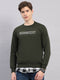 Men Olive Printed Round Neck Full Sleeve Sweatshirt