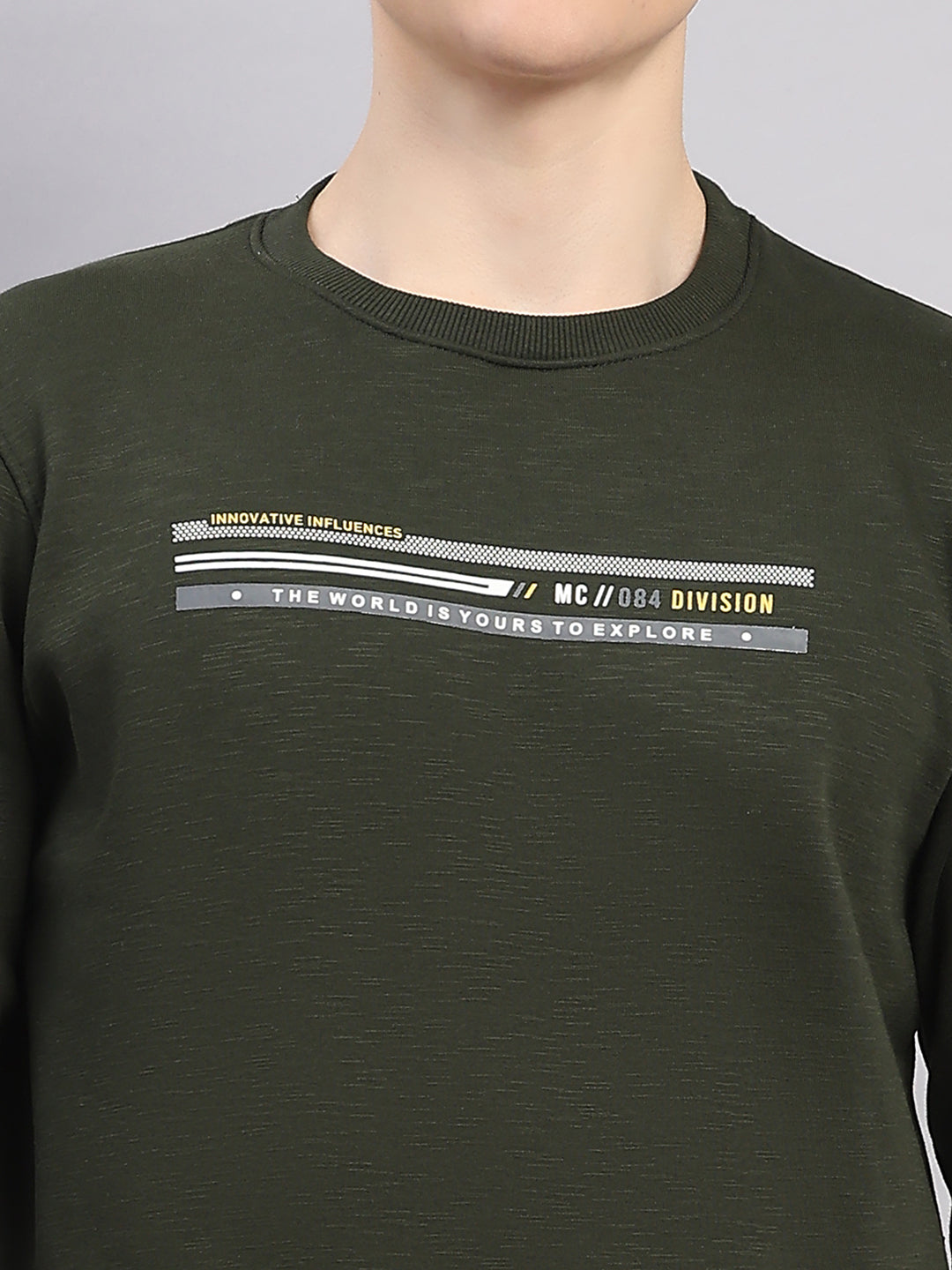 Men Olive Printed Round Neck Full Sleeve Sweatshirt