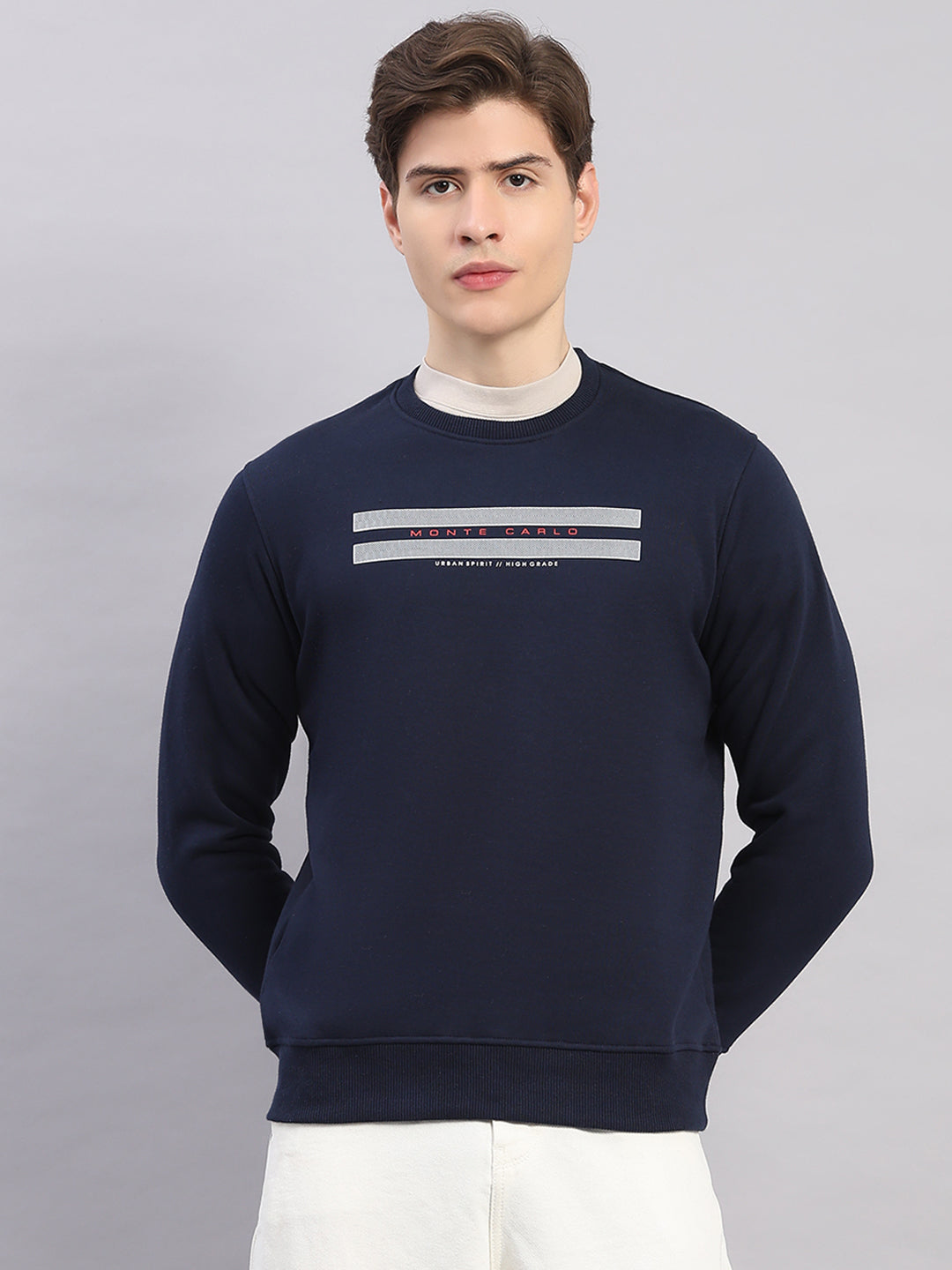 Men Navy Blue Printed Round Neck Full Sleeve Sweatshirt