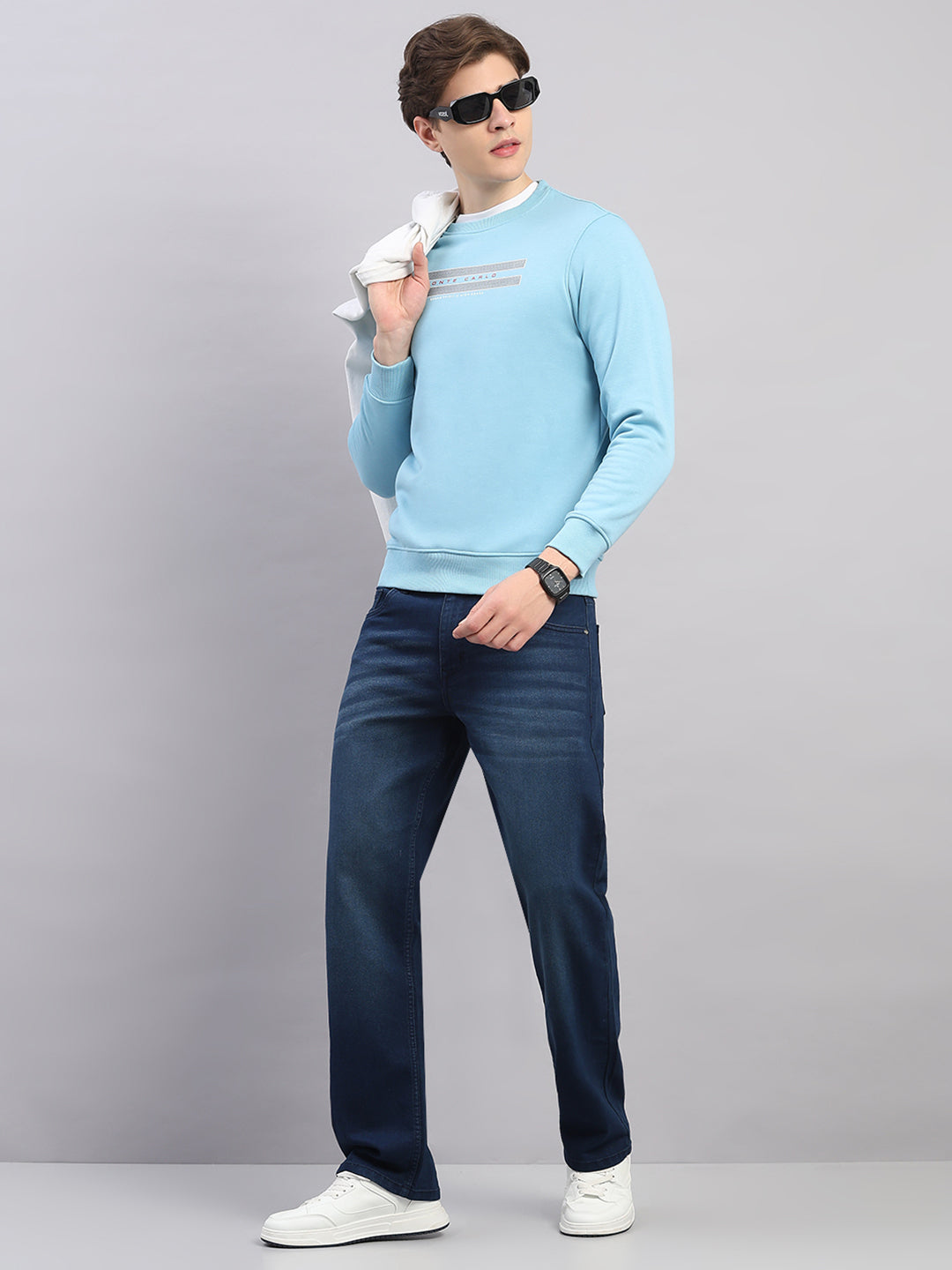 Men Sky Blue Printed Round Neck Full Sleeve Sweatshirt