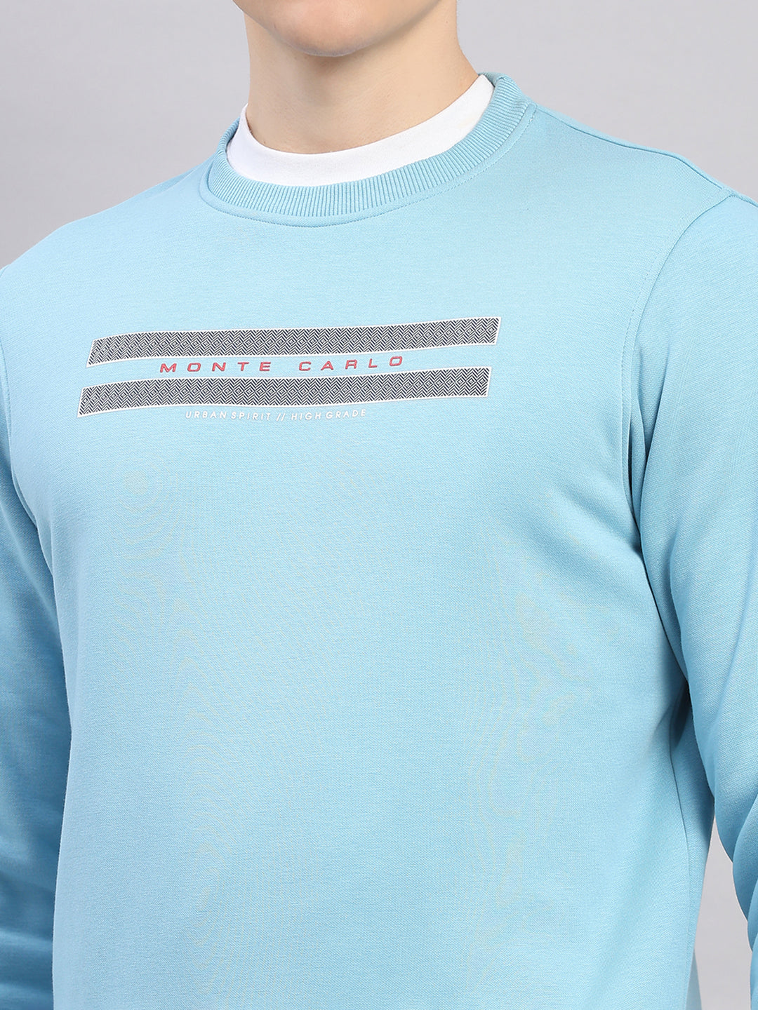 Men Sky Blue Printed Round Neck Full Sleeve Sweatshirt