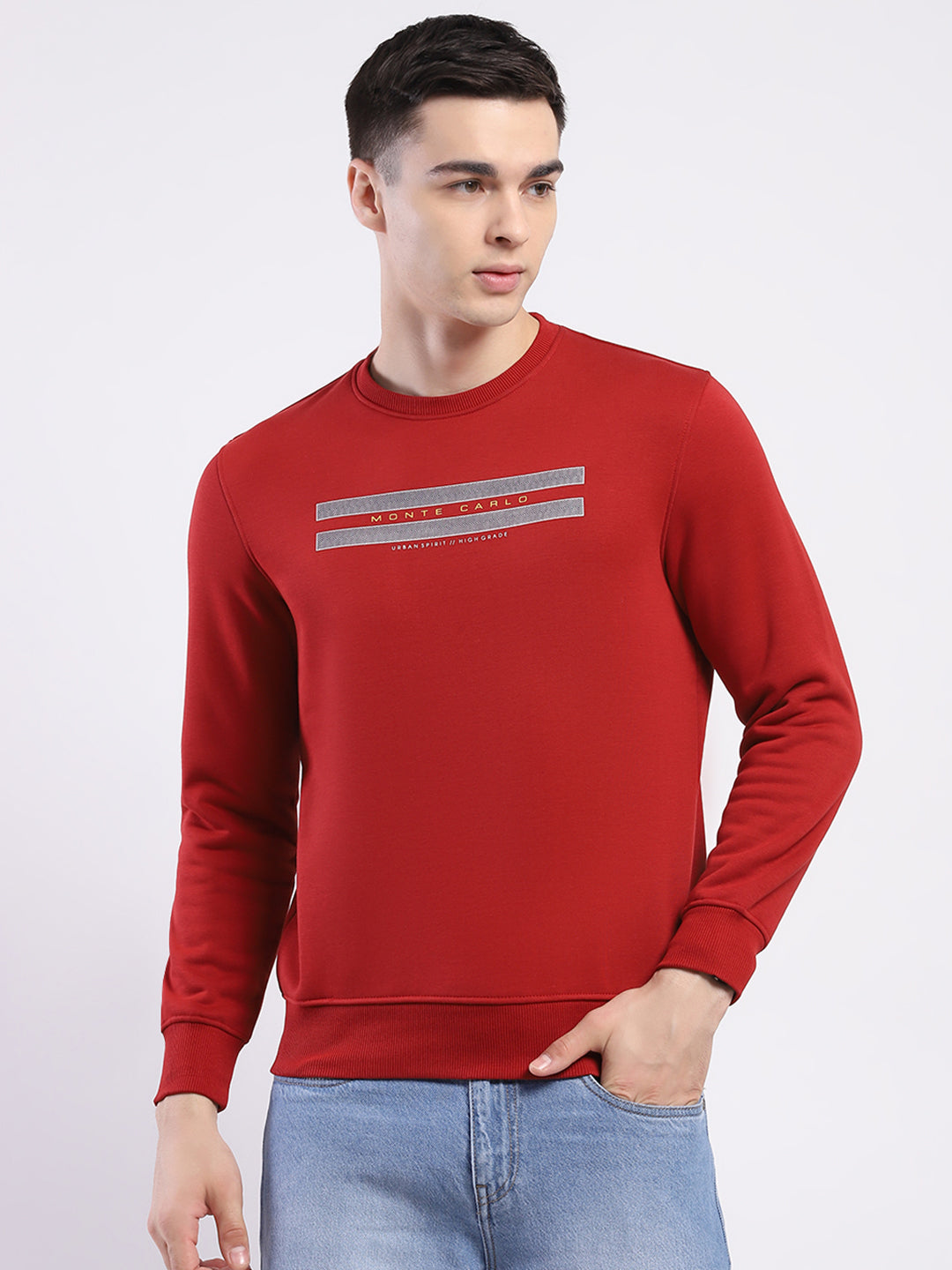 Men Maroon Solid Round Neck Full Sleeve Sweatshirt