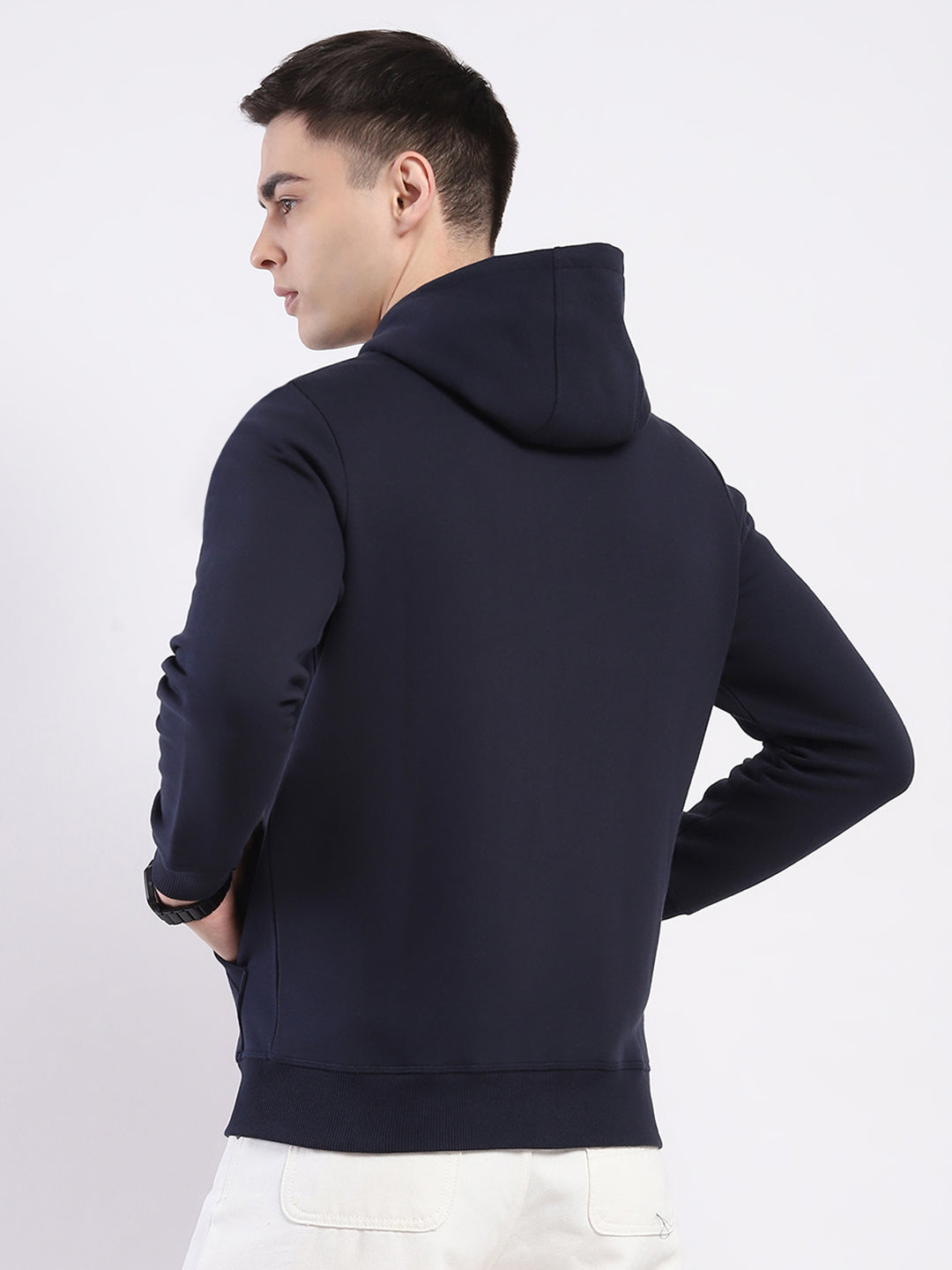 Men Navy Blue Solid Hooded Full Sleeve Sweatshirt