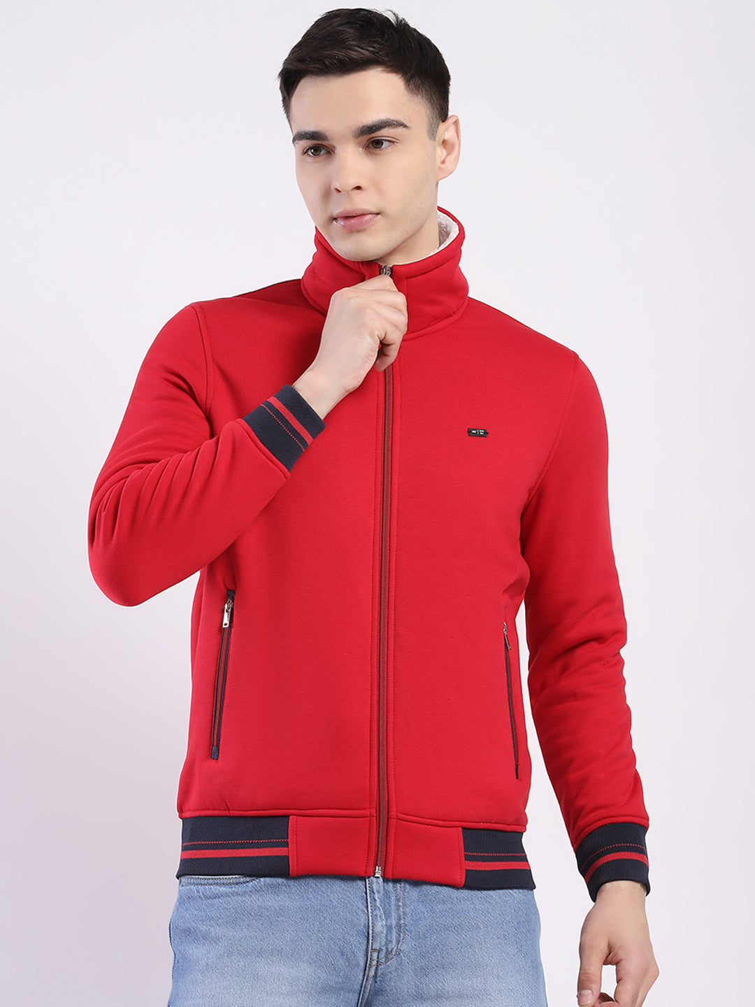 Men Red Solid Mock Neck Full Sleeve Sweatshirt