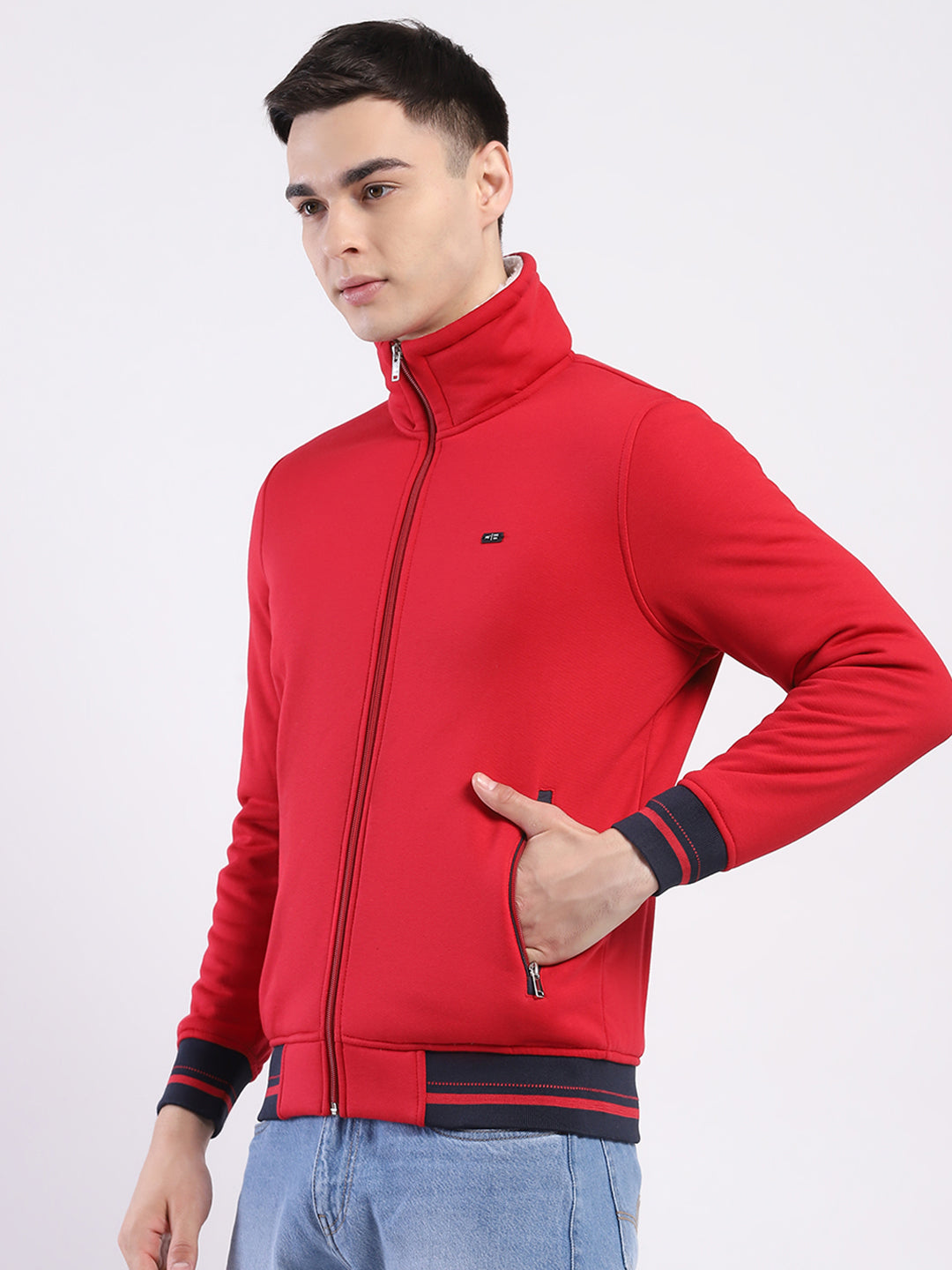 Men Red Solid Mock Neck Full Sleeve Sweatshirt