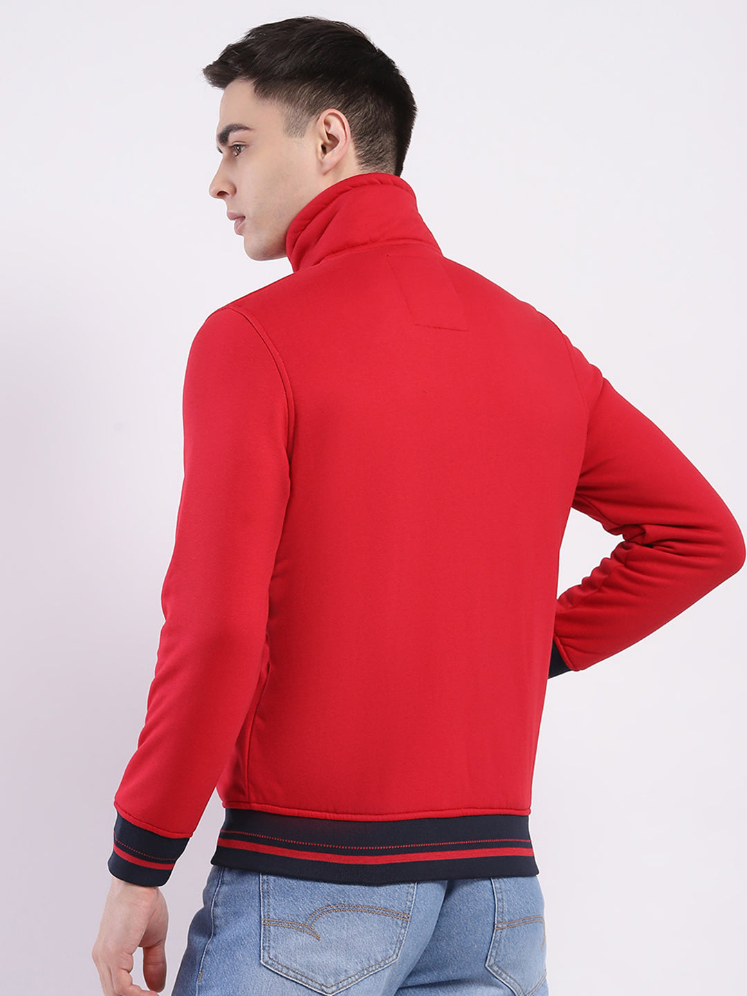 Men Red Solid Mock Neck Full Sleeve Sweatshirt