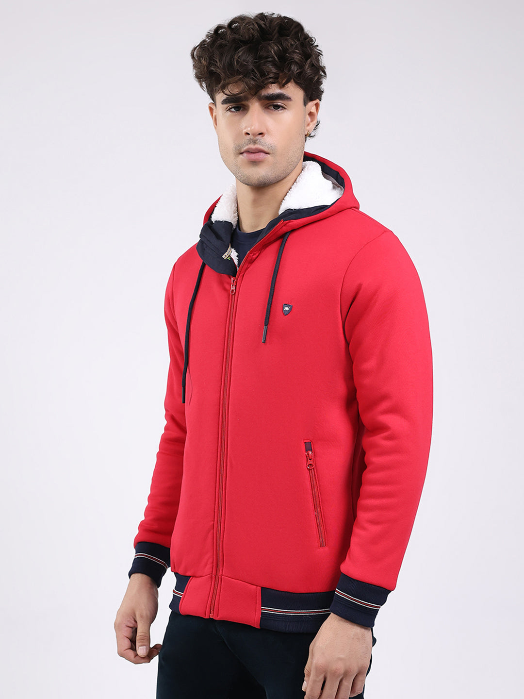 Men Red Solid Hooded Full Sleeve Sweatshirt