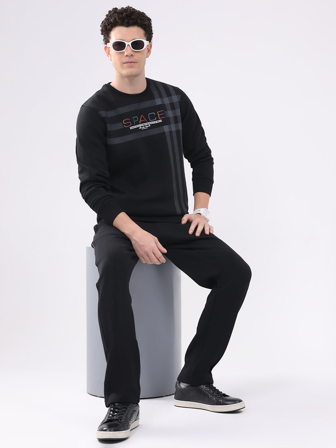 Men Black Printed Collar Full Sleeve Winter Tracksuit