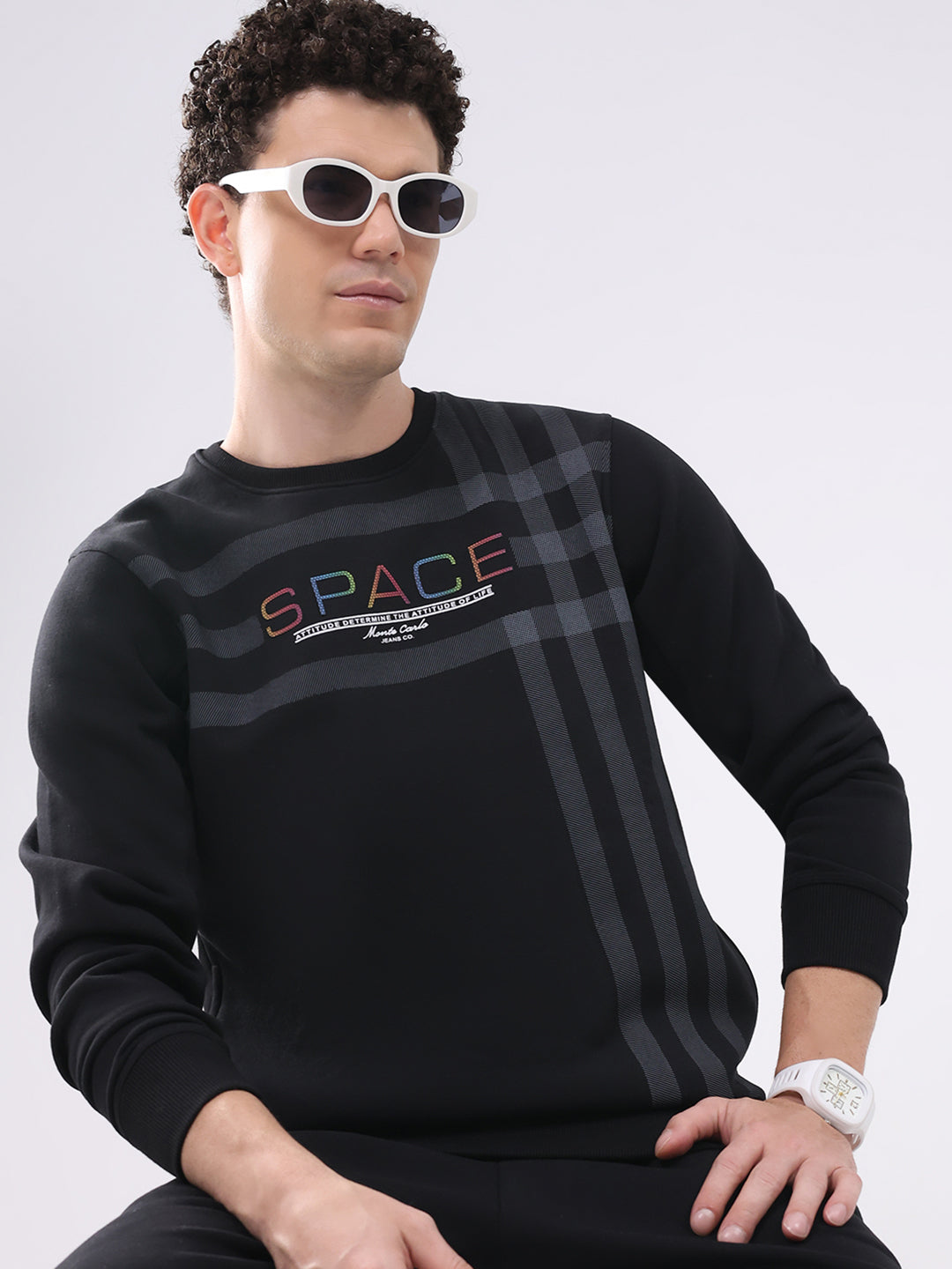 Men Black Printed Collar Full Sleeve Winter Tracksuit