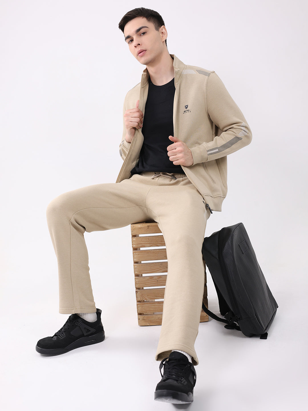 Men Camel Brown Printed Collar Full Sleeve Winter Tracksuit