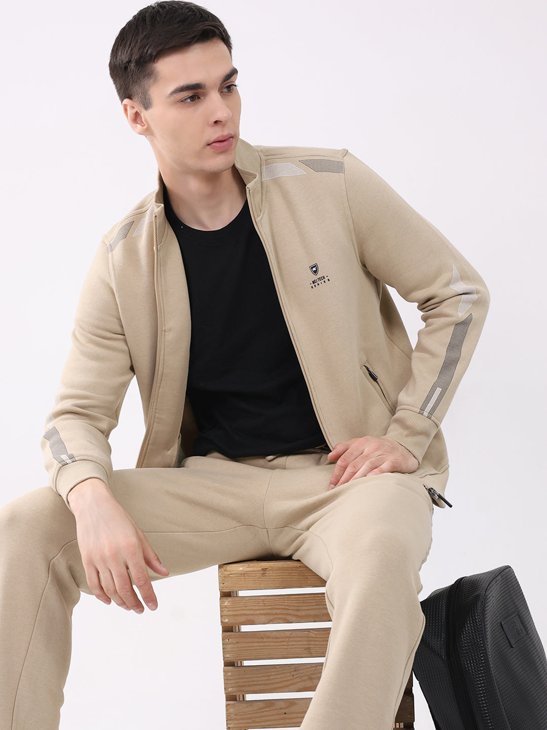 Men Camel Brown Printed Collar Full Sleeve Winter Tracksuit