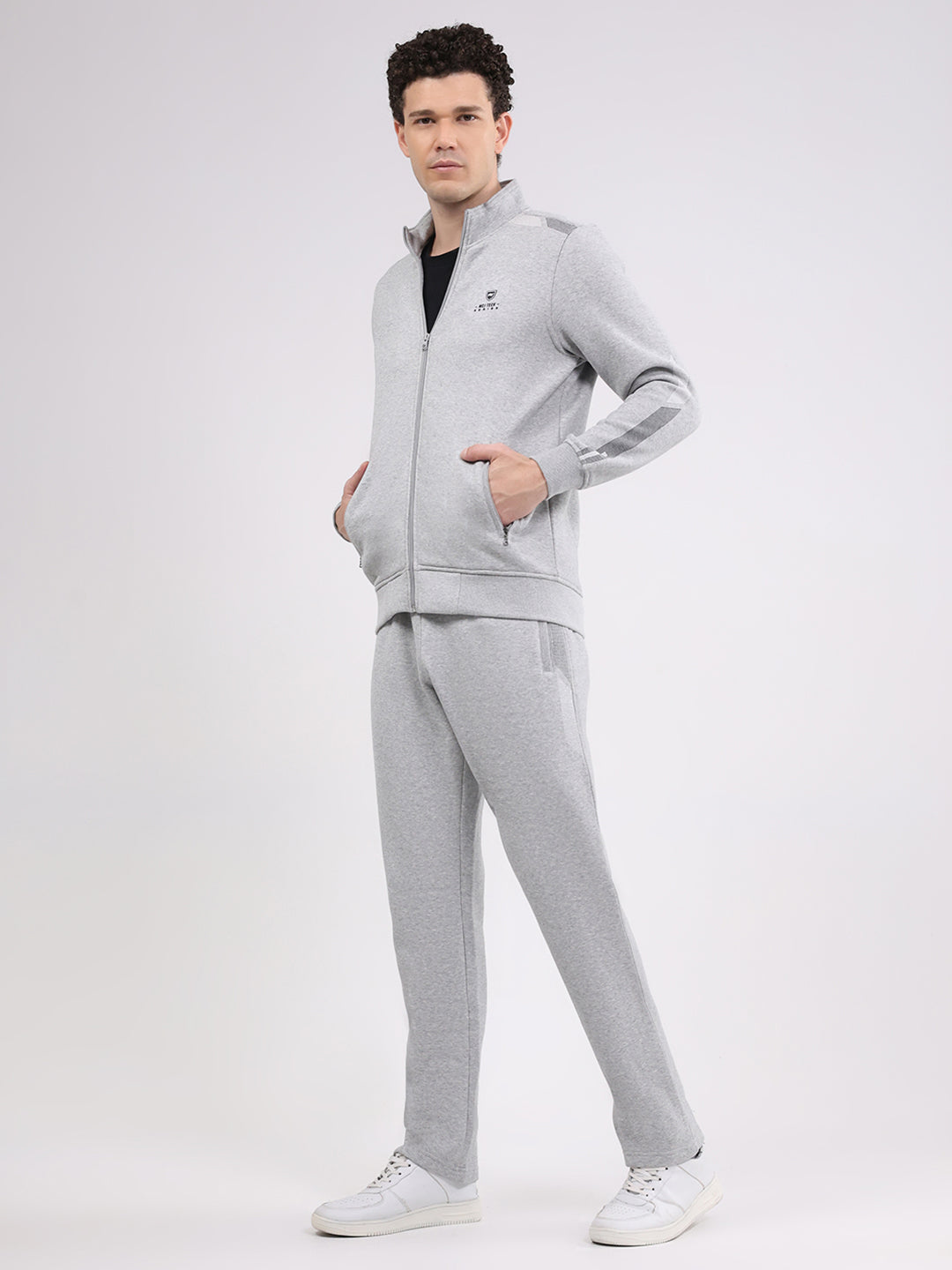 Men Grey Printed Collar Full Sleeve Winter Tracksuit
