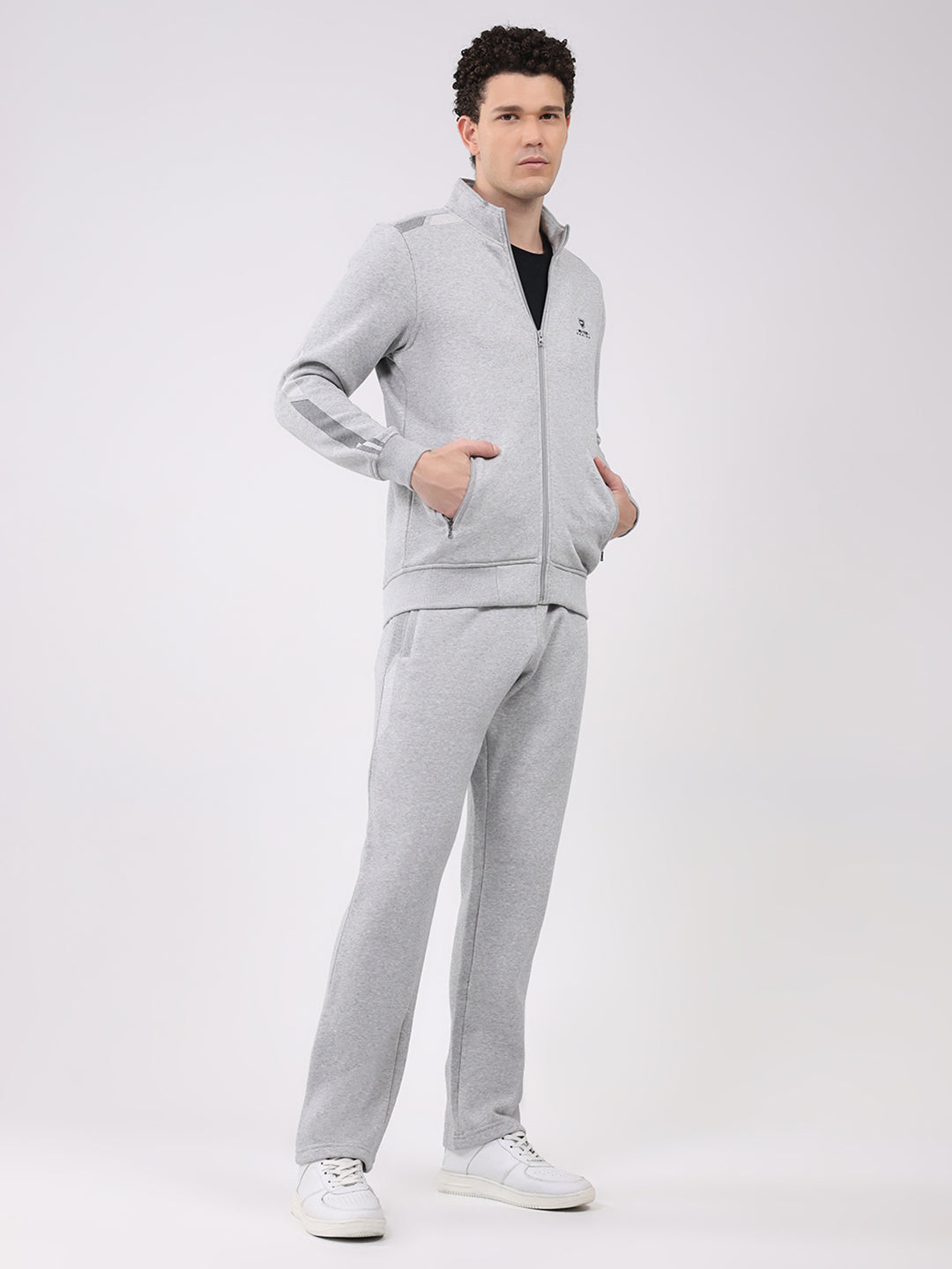 Men Grey Printed Collar Full Sleeve Winter Tracksuit