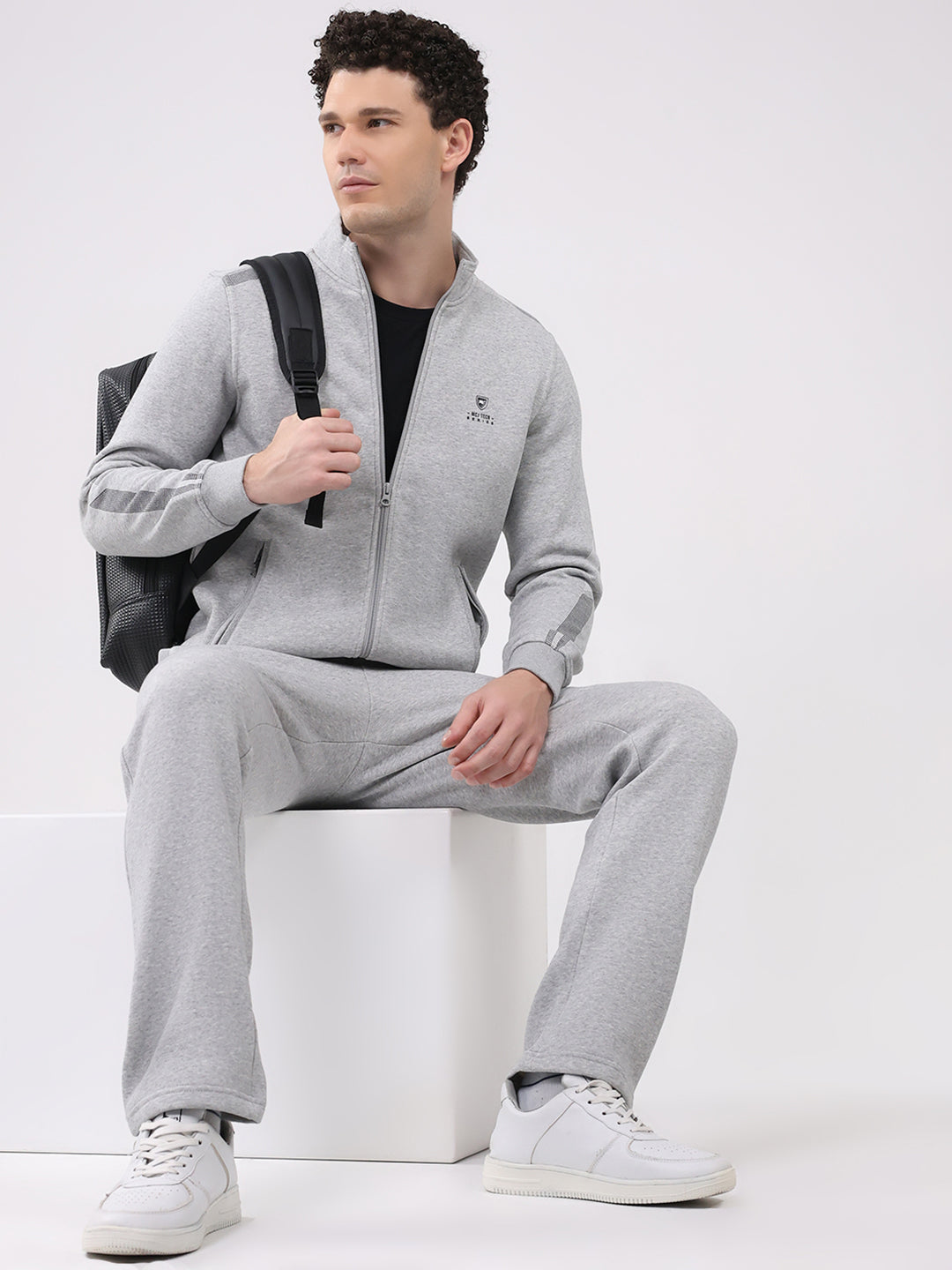 Men Grey Printed Collar Full Sleeve Winter Tracksuit