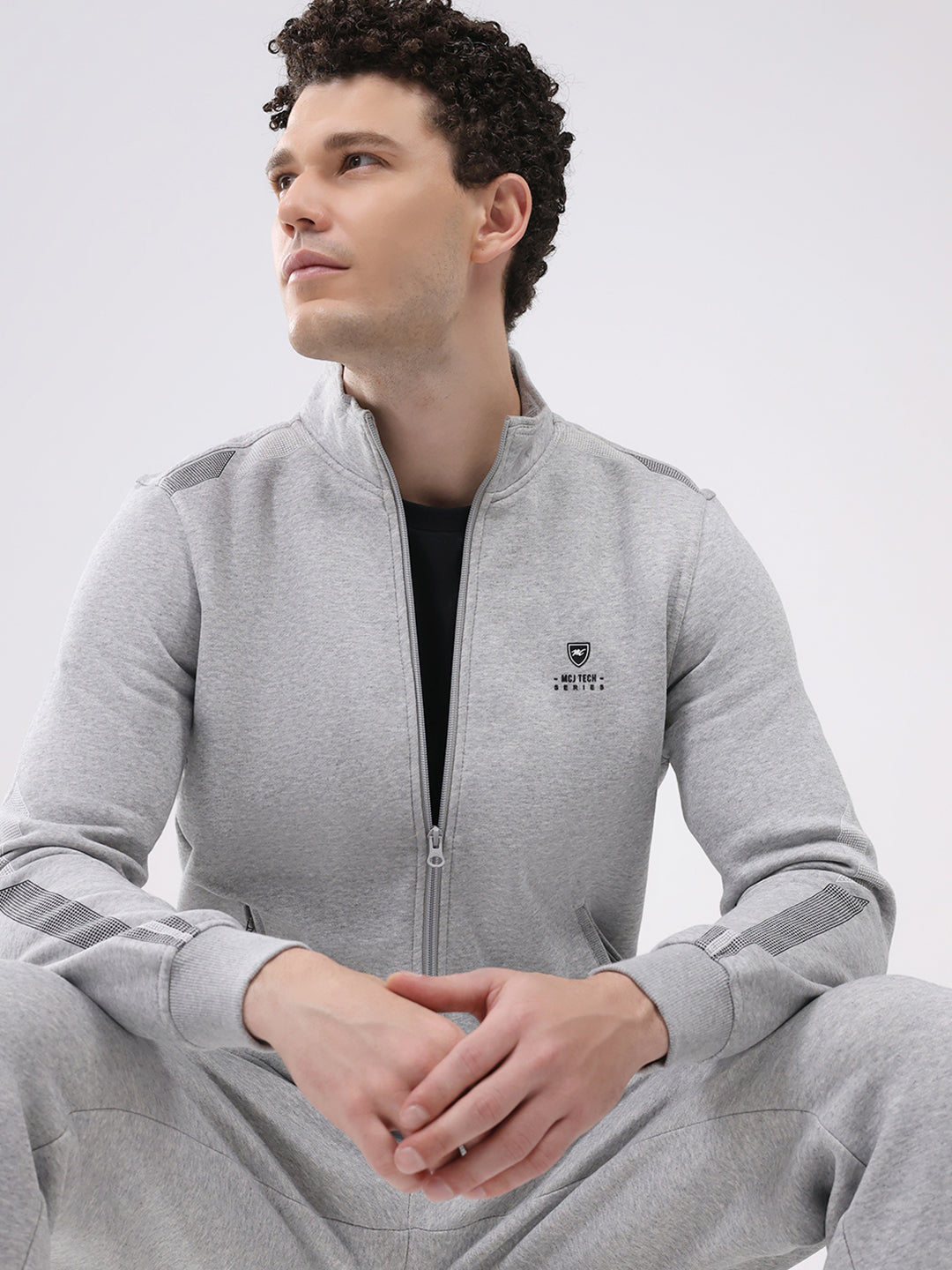Men Grey Printed Collar Full Sleeve Winter Tracksuit