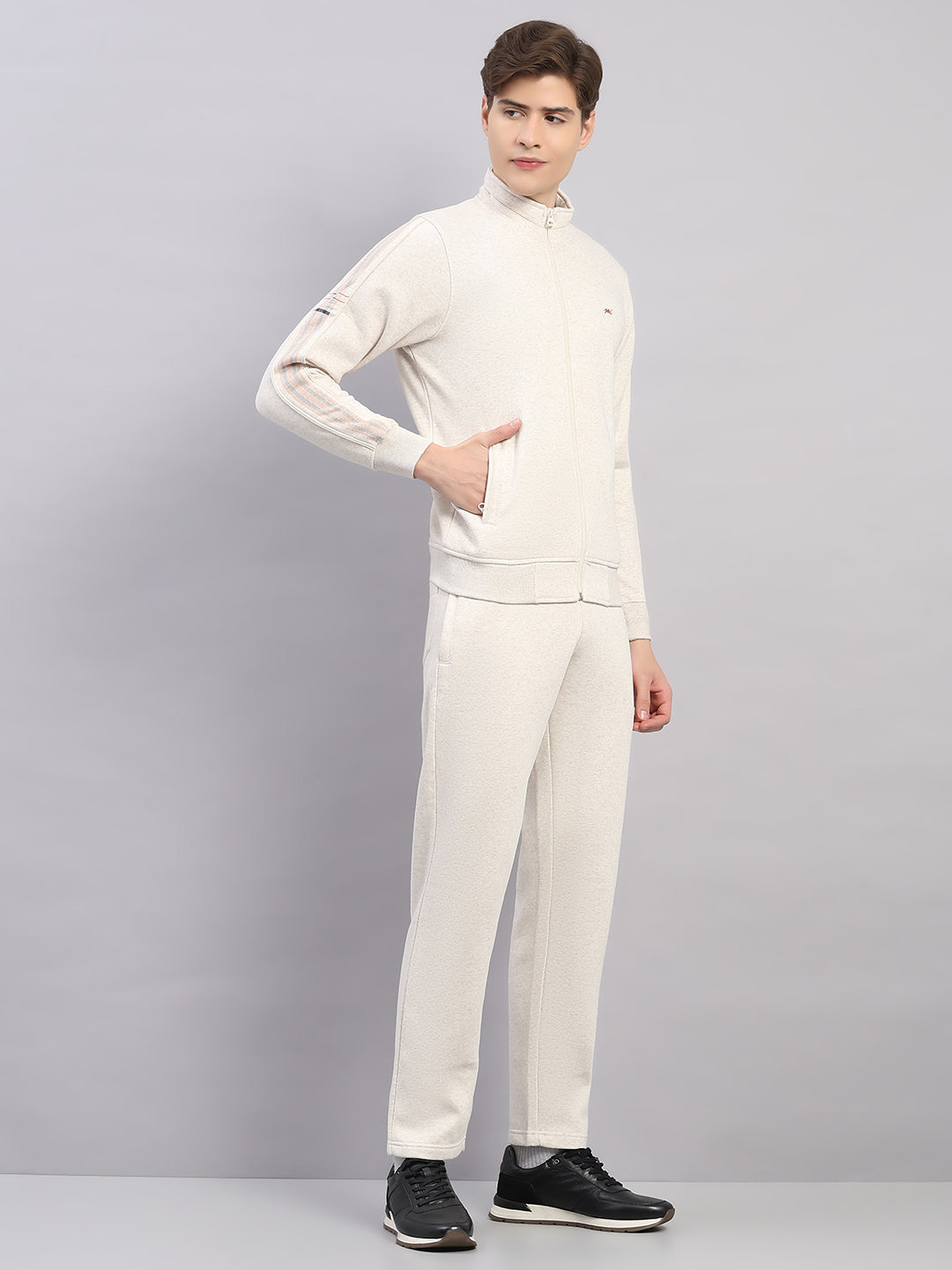 Men Off White Solid Stand Collar Full Sleeve Winter Tracksuit