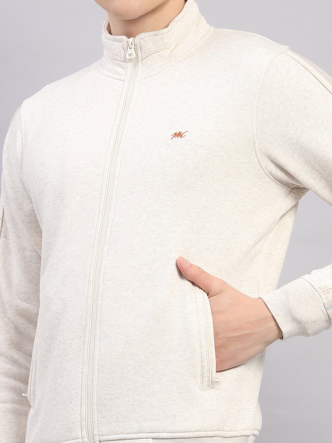 Men Off White Solid Stand Collar Full Sleeve Winter Tracksuit