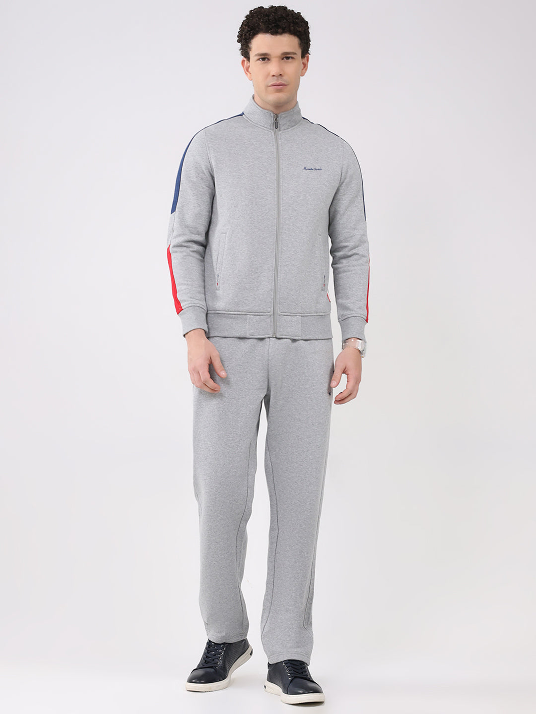 Men Grey Embroidered Collar Full Sleeve Winter Tracksuit