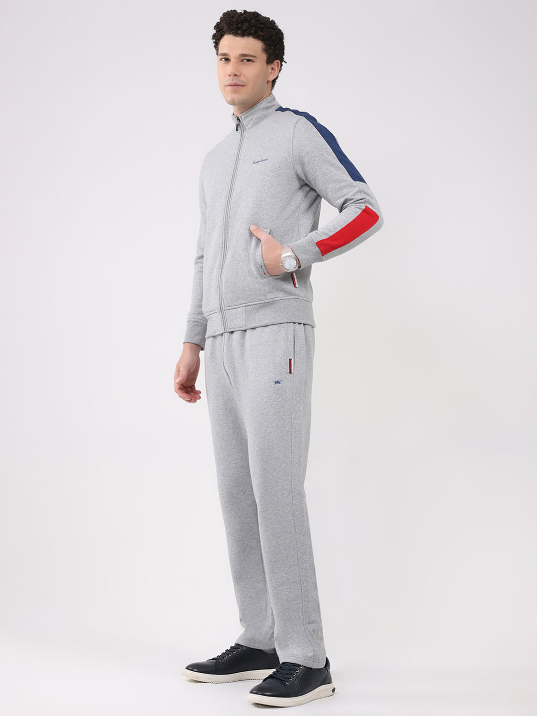 Men Grey Embroidered Collar Full Sleeve Winter Tracksuit