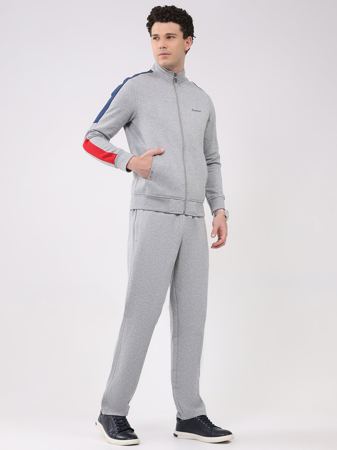 Men Grey Embroidered Collar Full Sleeve Winter Tracksuit
